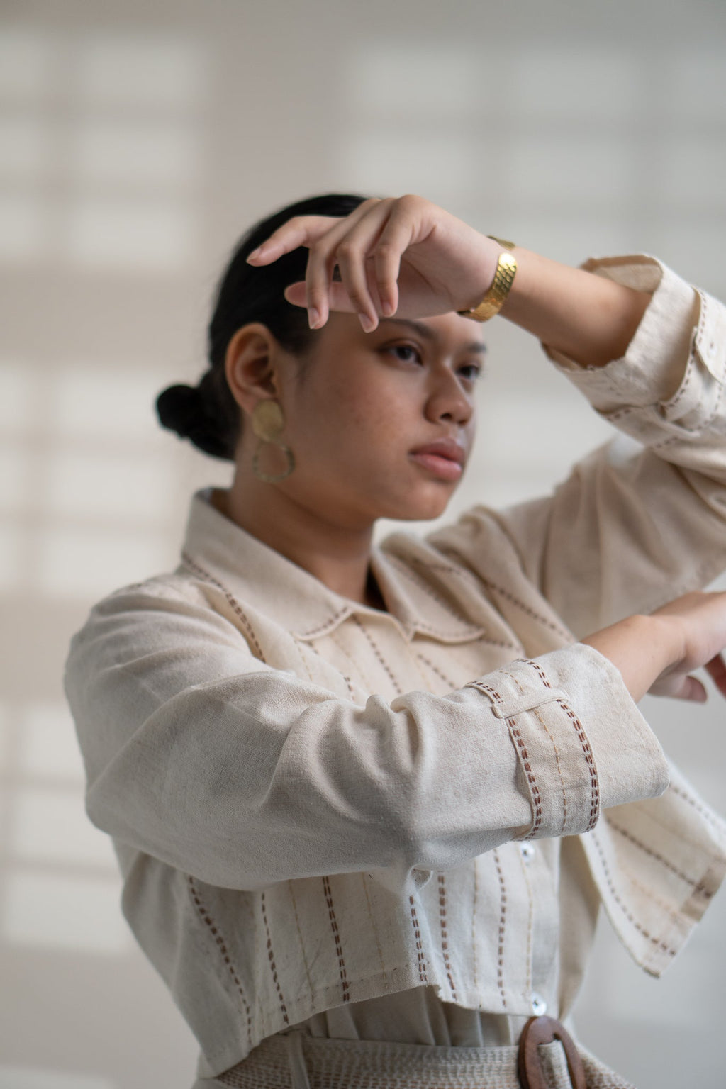 Dawning Trench Dress with Cropped Jacket by Lafaani with Beige, Casual Wear, Co-ord Sets, Dawning by Lafaani, Denim, Embroidered, Hand Woven Cotton, Kora, Natural, Regular Fit, Vacation, Vacation Co-ords, Womenswear at Kamakhyaa for sustainable fashion