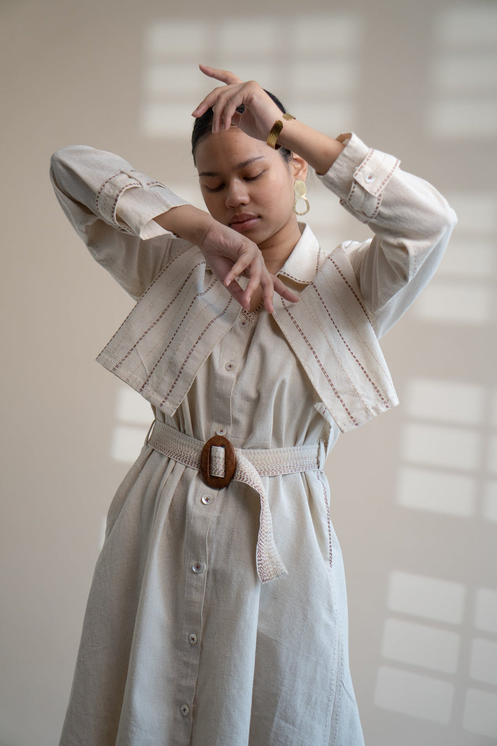 Dawning Trench Dress with Cropped Jacket by Lafaani with Beige, Casual Wear, Co-ord Sets, Dawning by Lafaani, Denim, Embroidered, Hand Woven Cotton, Kora, Natural, Regular Fit, Vacation, Vacation Co-ords, Womenswear at Kamakhyaa for sustainable fashion