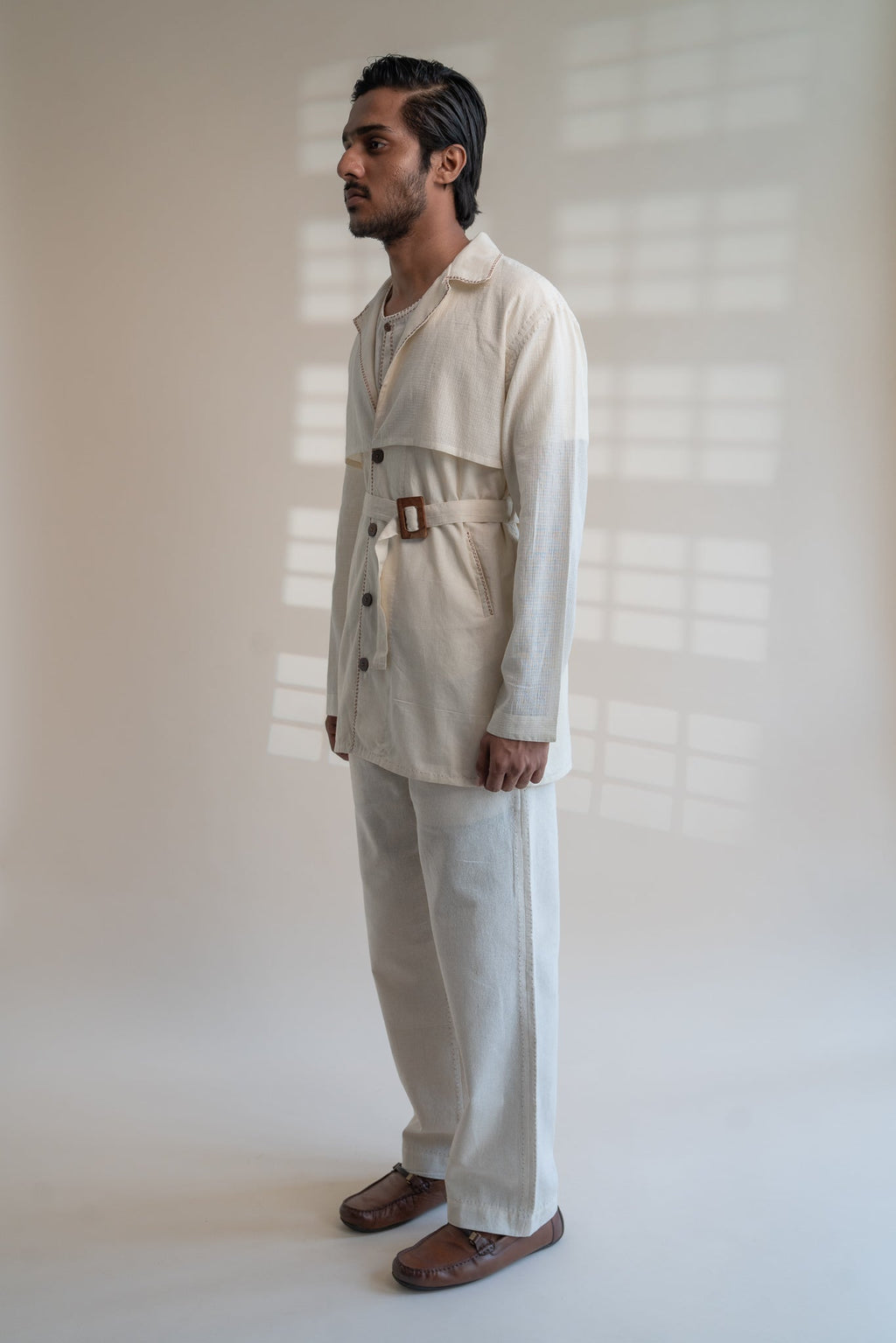 Dawning Trench Overlay by Lafaani with Beige, Casual Wear, Dawning by Lafaani, Denim, Embroidered, For Him, Hand Woven Cotton, Kora, Mens Overlay, Menswear, Natural, Regular Fit, Trench Coats at Kamakhyaa for sustainable fashion