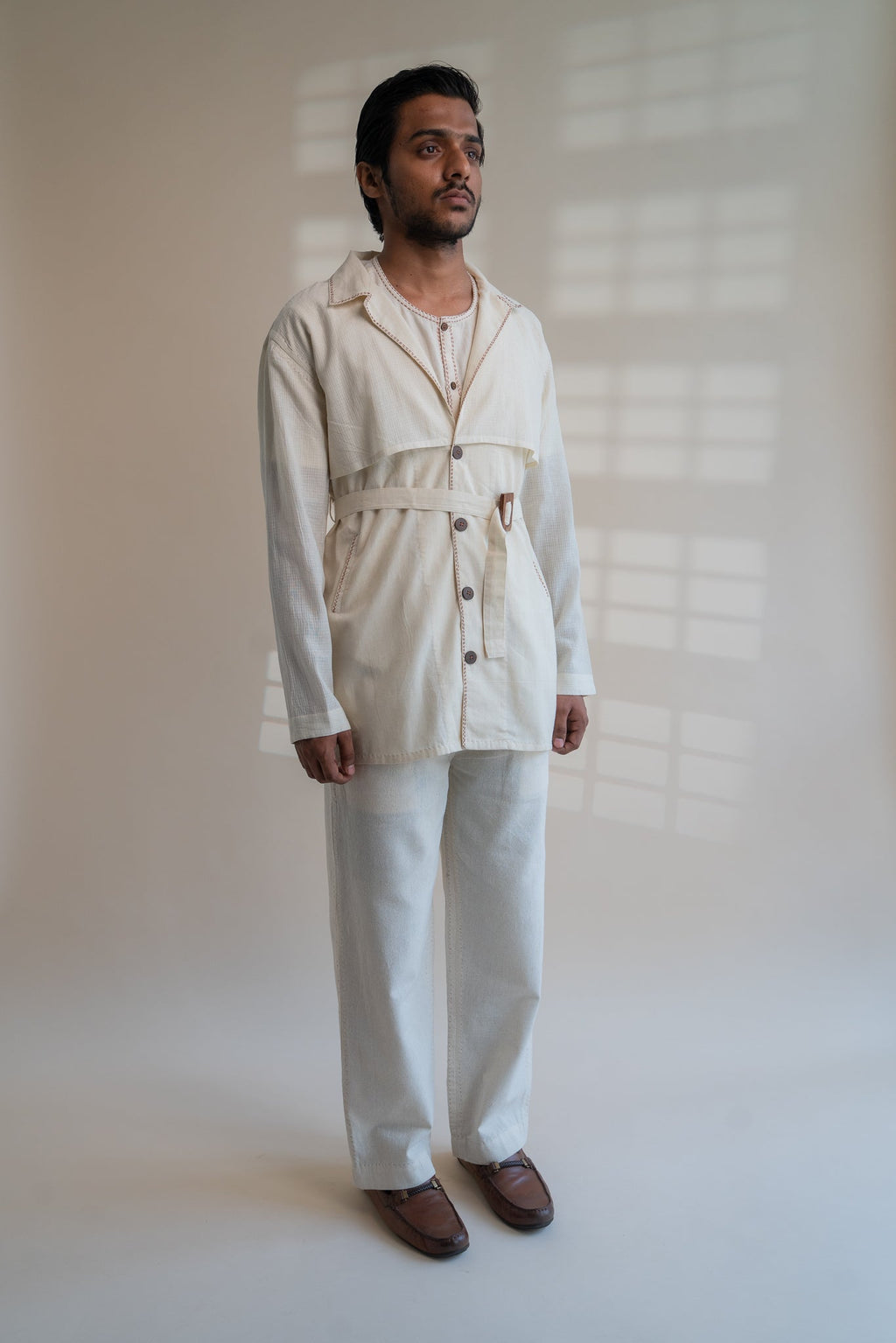 Dawning Trench Overlay by Lafaani with Beige, Casual Wear, Dawning by Lafaani, Denim, Embroidered, For Him, Hand Woven Cotton, Kora, Mens Overlay, Menswear, Natural, Regular Fit, Trench Coats at Kamakhyaa for sustainable fashion