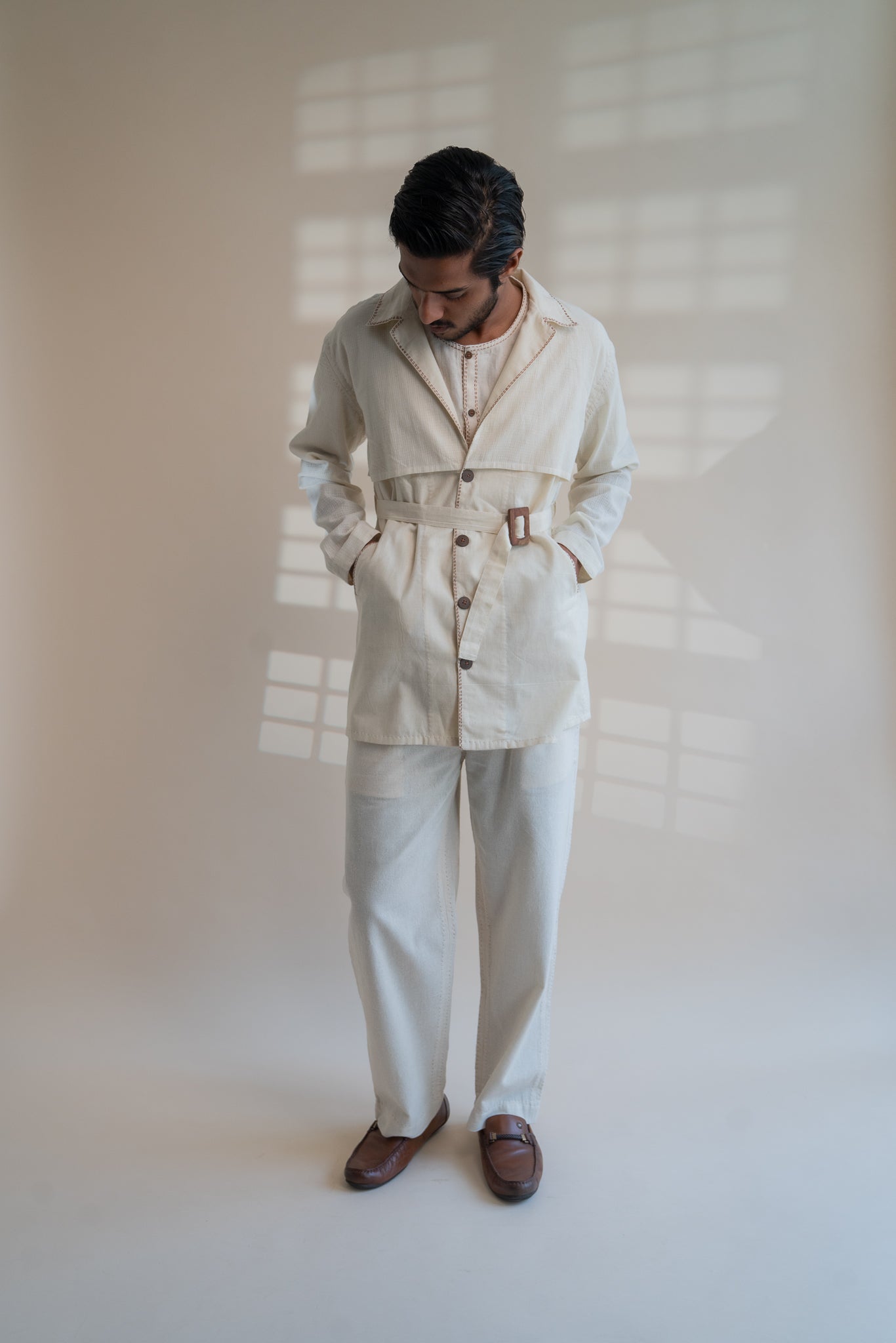 Dawning Trench Overlay by Lafaani with Beige, Casual Wear, Dawning by Lafaani, Denim, Embroidered, For Him, Hand Woven Cotton, Kora, Mens Overlay, Menswear, Natural, Regular Fit, Trench Coats at Kamakhyaa for sustainable fashion
