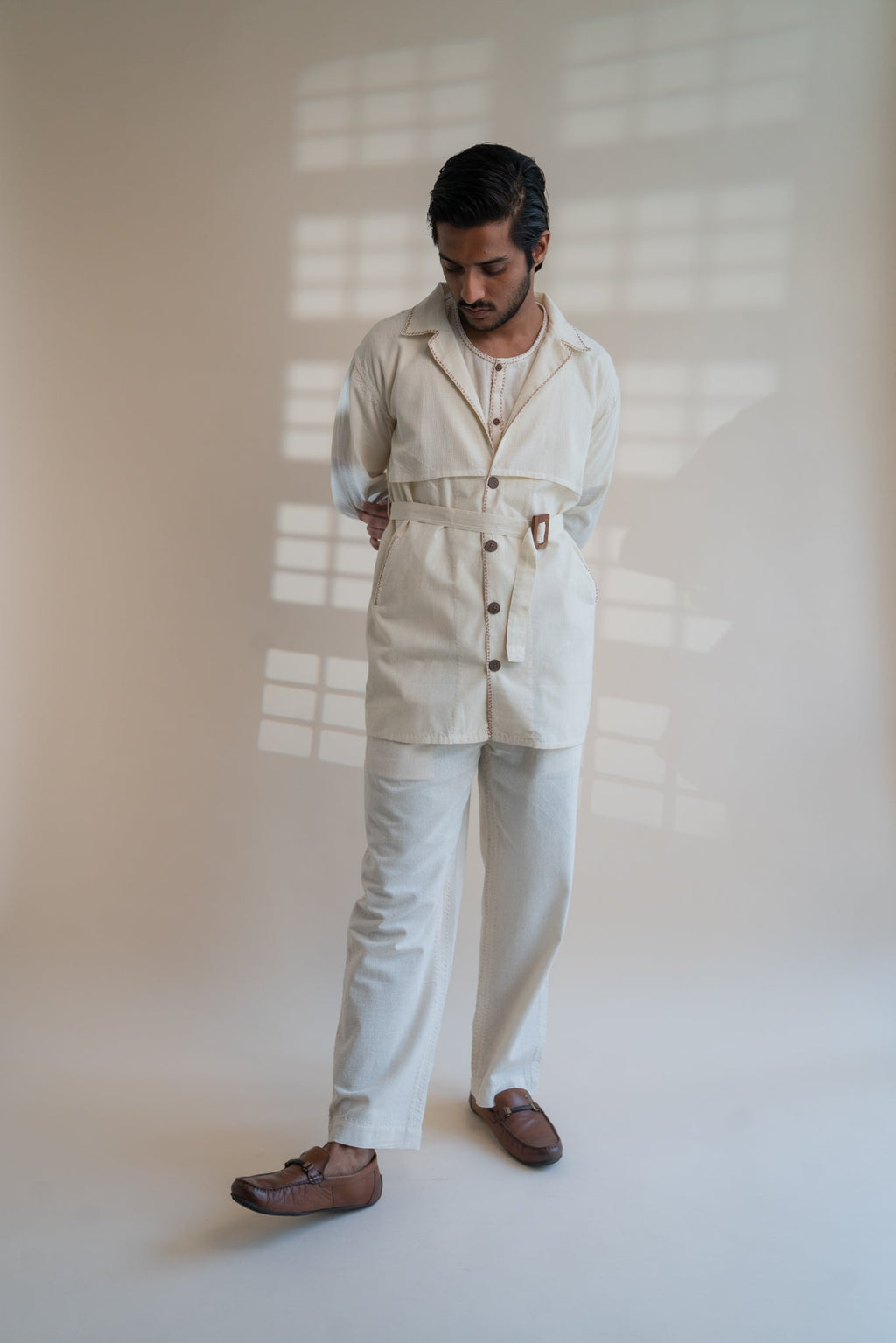 Dawning Trench Overlay by Lafaani with Beige, Casual Wear, Dawning by Lafaani, Denim, Embroidered, For Him, Hand Woven Cotton, Kora, Mens Overlay, Menswear, Natural, Regular Fit, Trench Coats at Kamakhyaa for sustainable fashion
