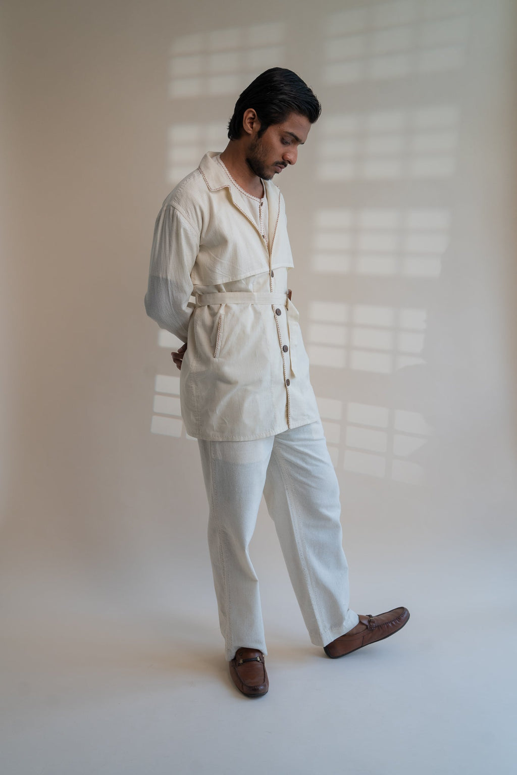 Dawning Trench Overlay by Lafaani with Beige, Casual Wear, Dawning by Lafaani, Denim, Embroidered, For Him, Hand Woven Cotton, Kora, Mens Overlay, Menswear, Natural, Regular Fit, Trench Coats at Kamakhyaa for sustainable fashion