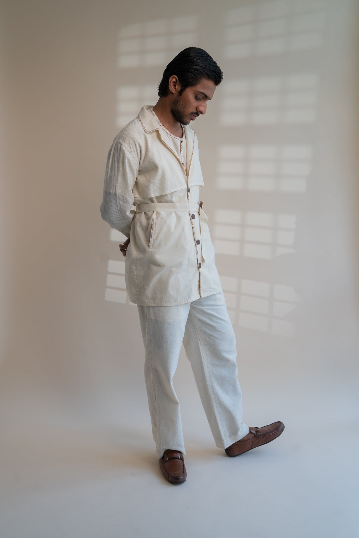Dawning Trench Overlay by Lafaani with Beige, Casual Wear, Dawning by Lafaani, Denim, Embroidered, For Him, Hand Woven Cotton, Kora, Mens Overlay, Menswear, Natural, Regular Fit, Trench Coats at Kamakhyaa for sustainable fashion