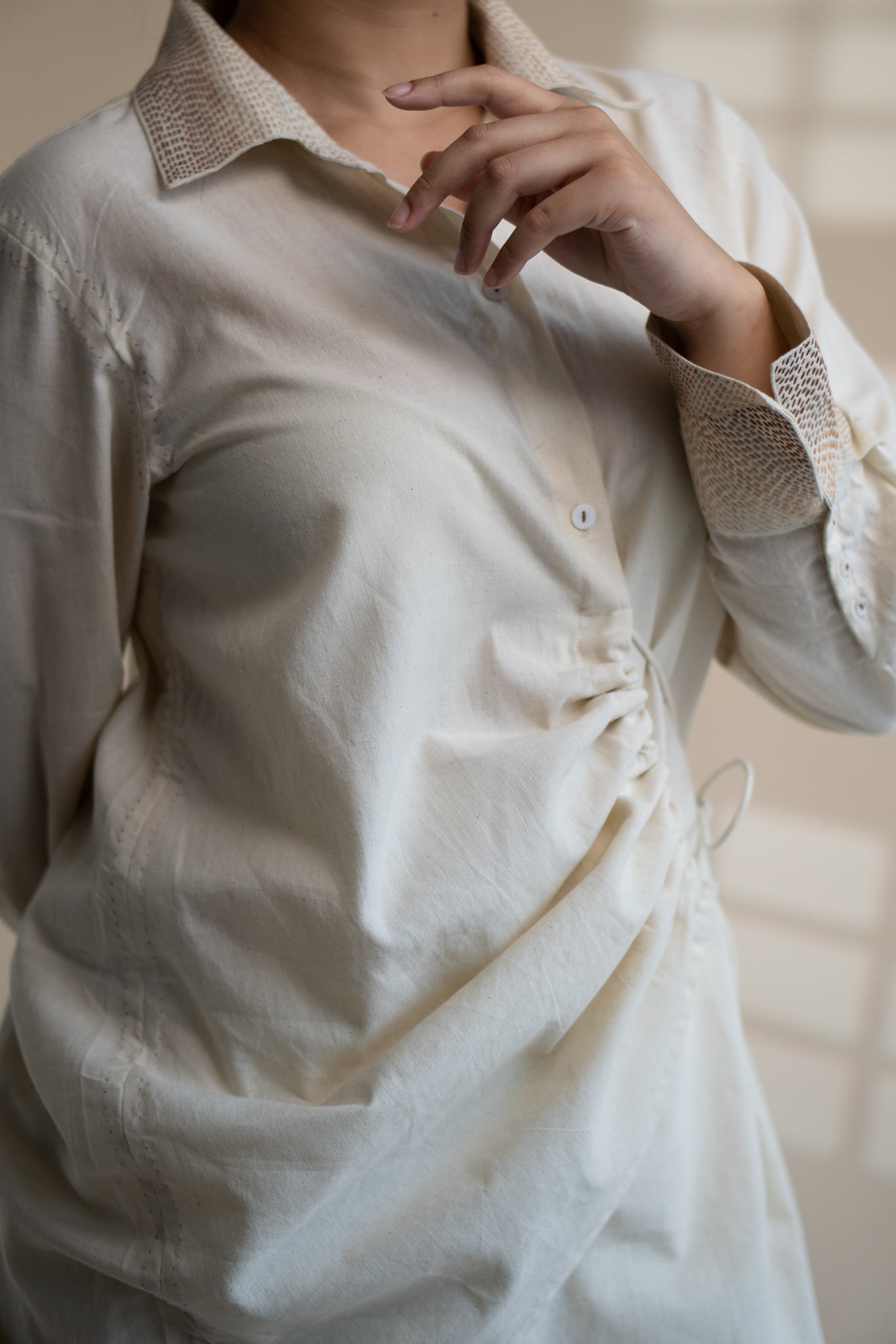 Dawning Draped Shirt by Lafaani with Beige, Casual Wear, Dawning by Lafaani, Denim, Embroidered, Hand Woven Cotton, Kora, Natural, Relaxed Fit, Tops, Womenswear, Wrap Tops at Kamakhyaa for sustainable fashion