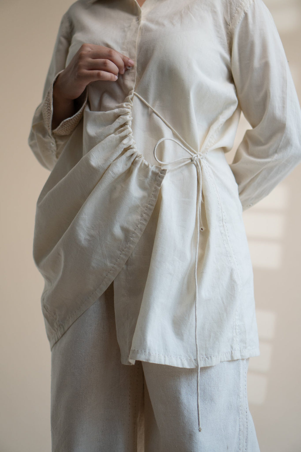 Dawning Draped Shirt by Lafaani with Beige, Casual Wear, Dawning by Lafaani, Denim, Embroidered, Hand Woven Cotton, Kora, Natural, Relaxed Fit, Tops, Womenswear, Wrap Tops at Kamakhyaa for sustainable fashion