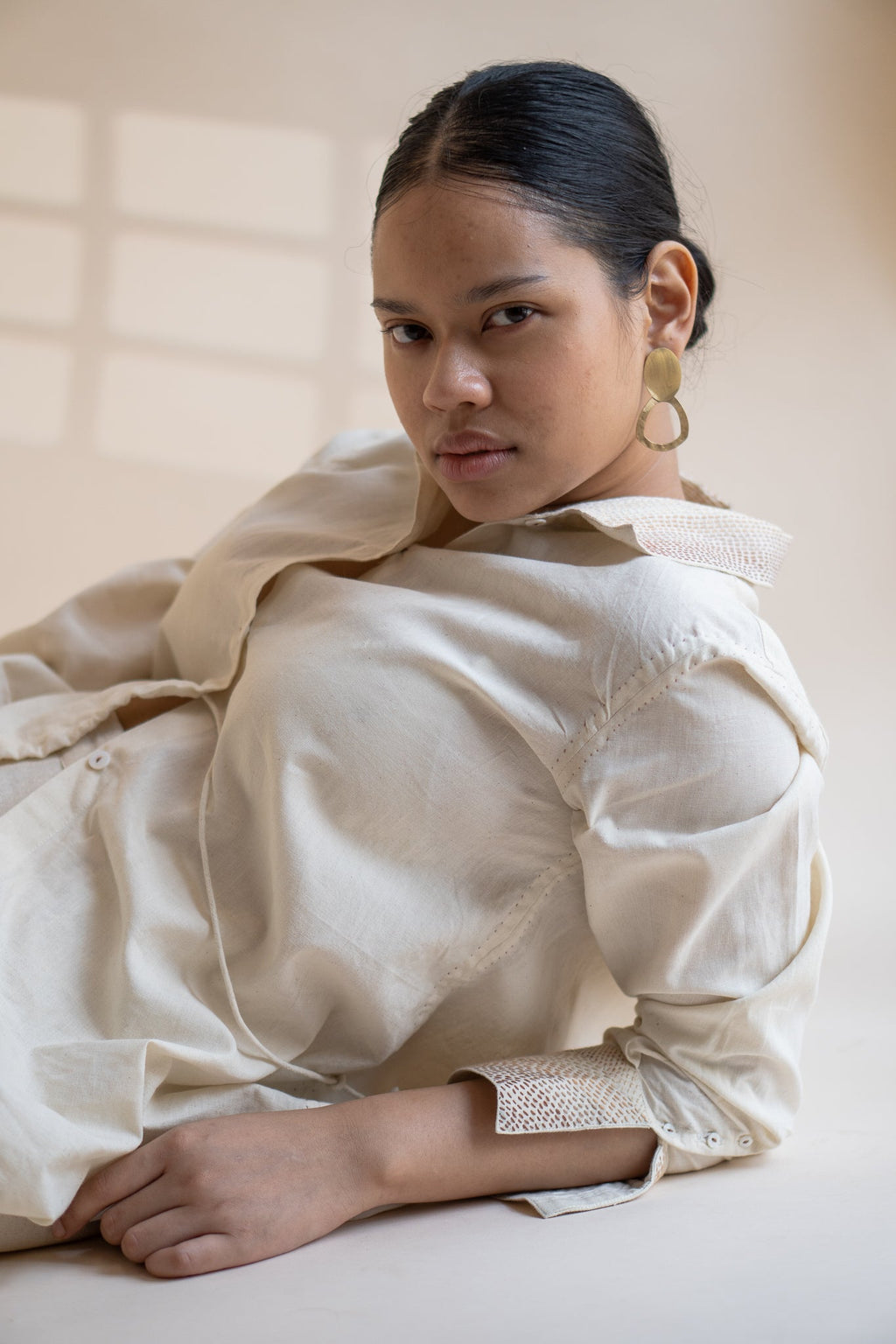 Dawning Draped Shirt by Lafaani with Beige, Casual Wear, Dawning by Lafaani, Denim, Embroidered, Hand Woven Cotton, Kora, Natural, Relaxed Fit, Tops, Womenswear, Wrap Tops at Kamakhyaa for sustainable fashion