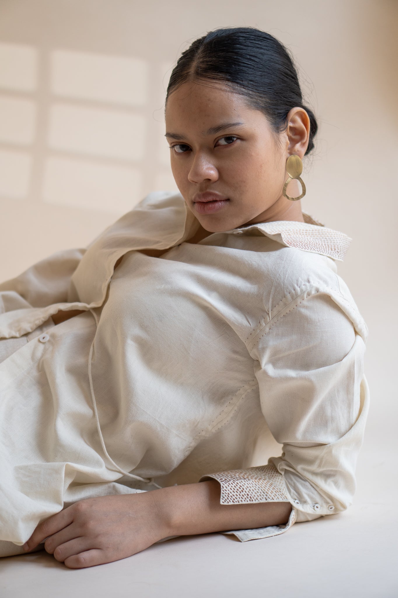 Dawning Draped Shirt by Lafaani with Beige, Casual Wear, Dawning by Lafaani, Denim, Embroidered, Hand Woven Cotton, Kora, Natural, Relaxed Fit, Tops, Womenswear, Wrap Tops at Kamakhyaa for sustainable fashion