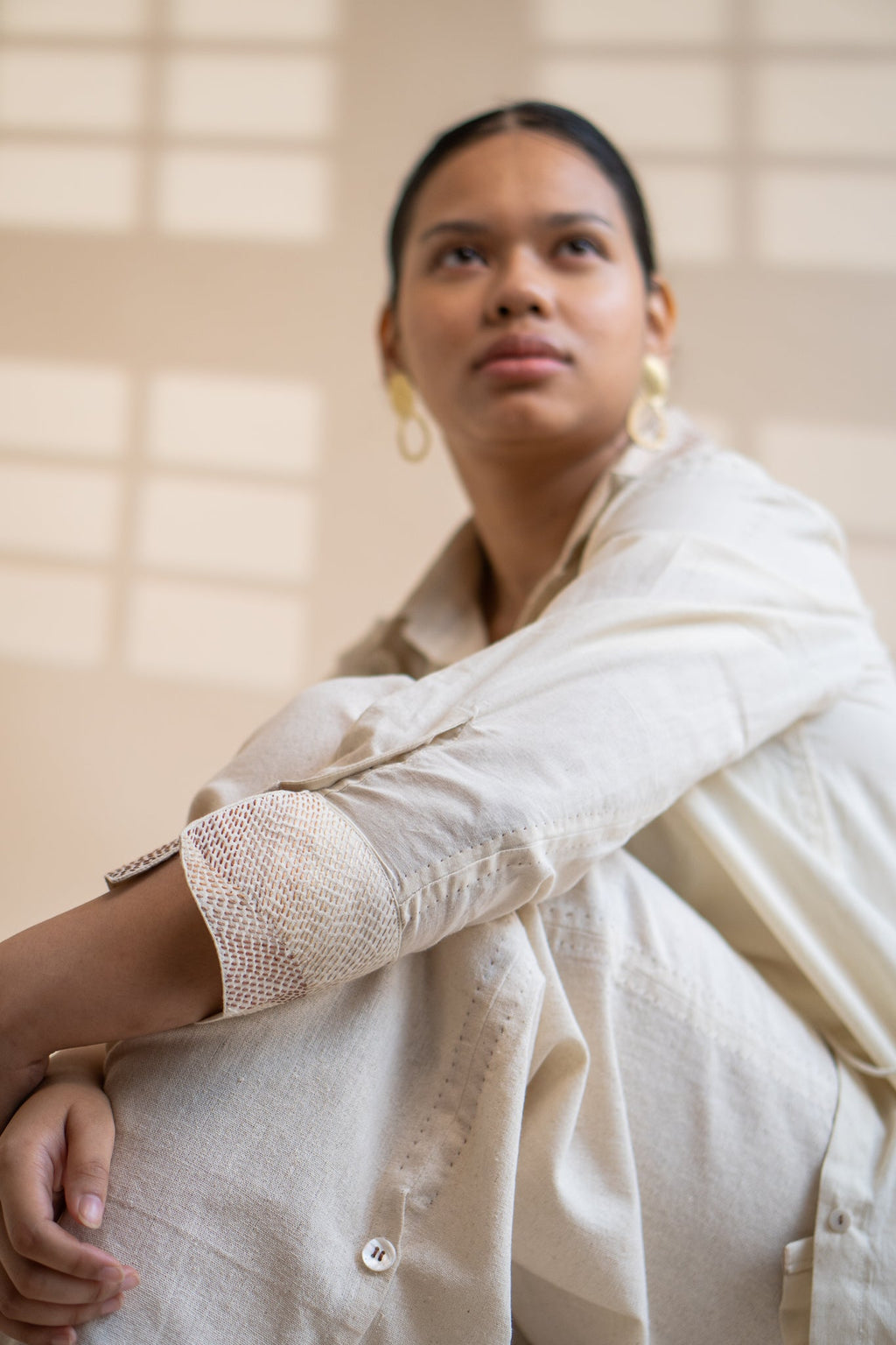 Dawning Draped Shirt by Lafaani with Beige, Casual Wear, Dawning by Lafaani, Denim, Embroidered, Hand Woven Cotton, Kora, Natural, Relaxed Fit, Tops, Womenswear, Wrap Tops at Kamakhyaa for sustainable fashion