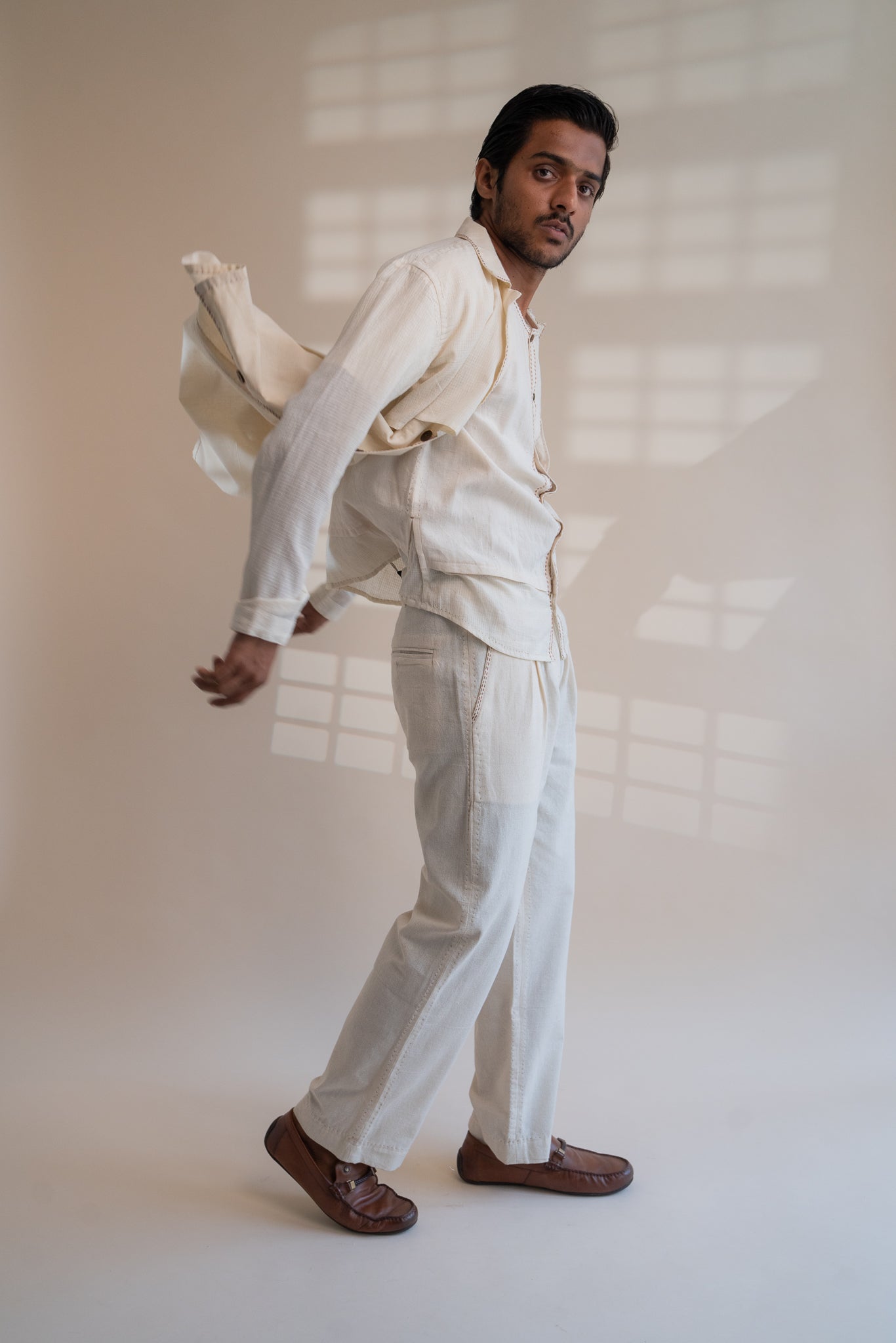 Dawning Trench Overlay by Lafaani with Beige, Casual Wear, Dawning by Lafaani, Denim, Embroidered, For Him, Hand Woven Cotton, Kora, Mens Overlay, Menswear, Natural, Regular Fit, Trench Coats at Kamakhyaa for sustainable fashion