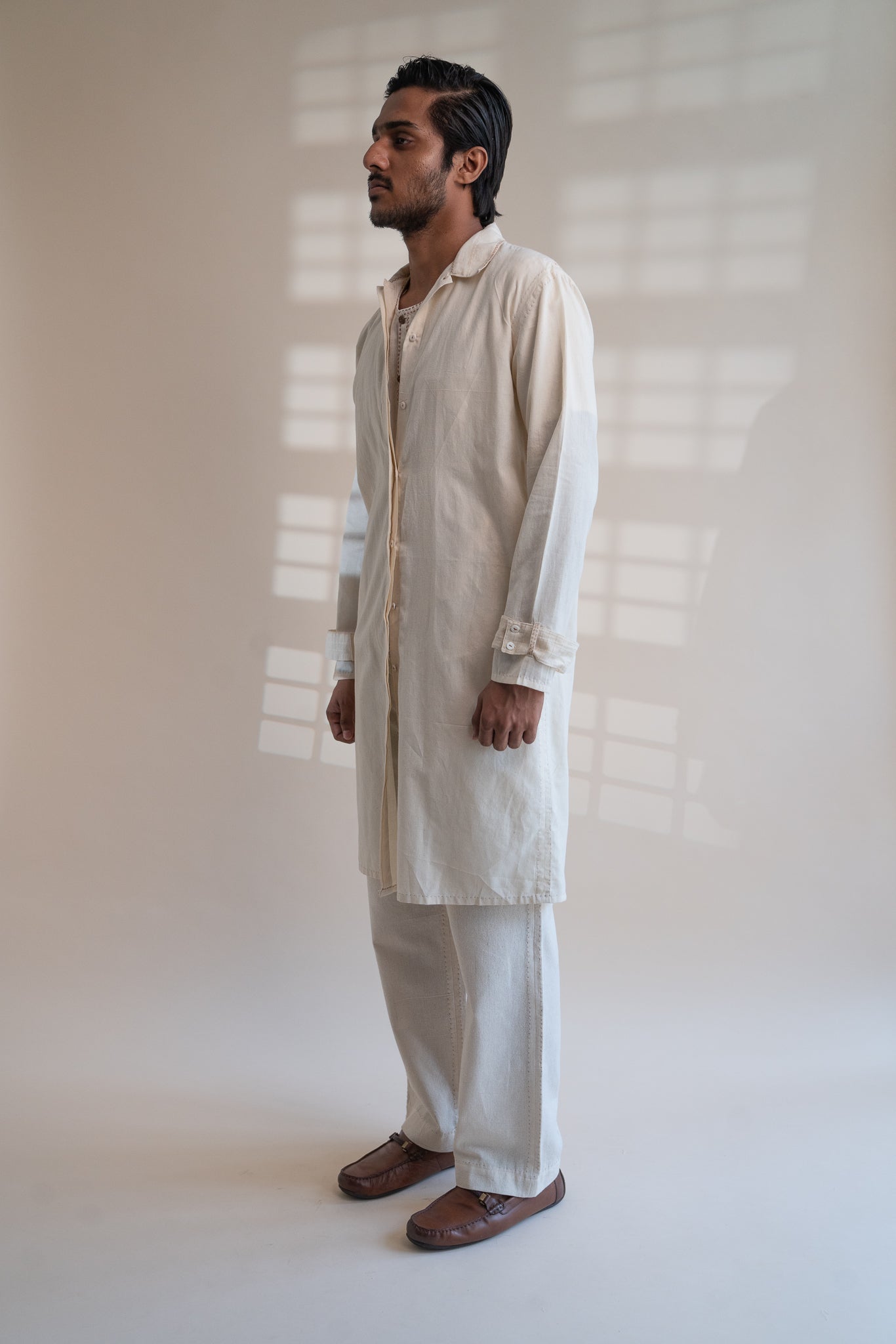 Dawning Unisex Overlay by Lafaani with Beige, Casual Wear, Dawning by Lafaani, Denim, Embroidered, For Him, Hand Woven Cotton, Kora, Mens Overlay, Menswear, Natural, Regular Fit, Trench Coats, Unisex at Kamakhyaa for sustainable fashion