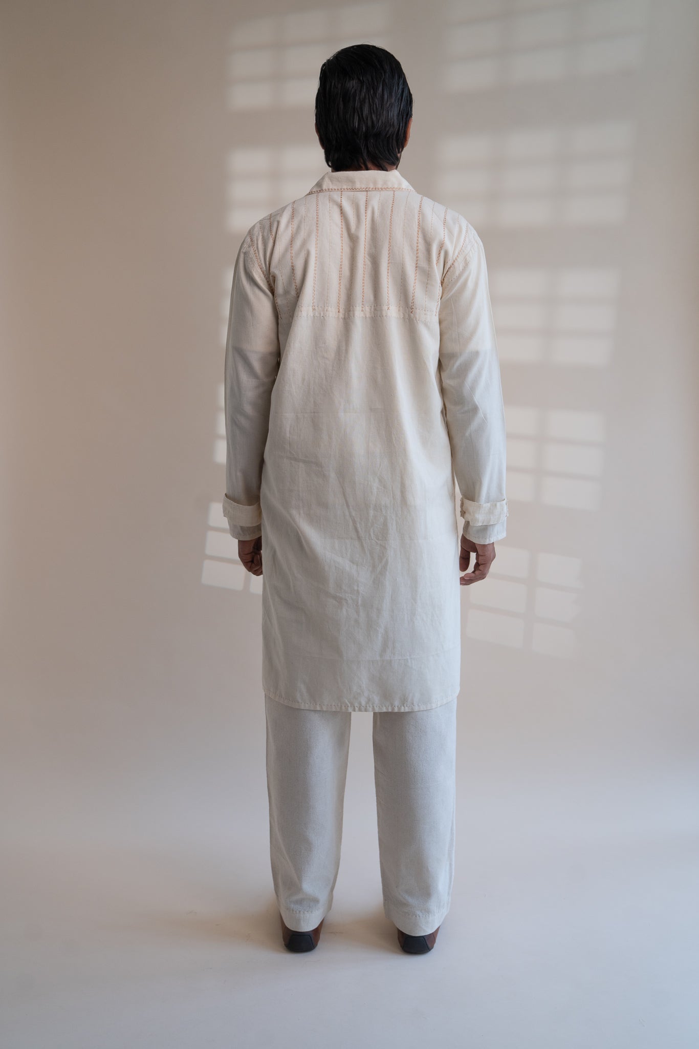 Dawning Unisex Overlay by Lafaani with Beige, Casual Wear, Dawning by Lafaani, Denim, Embroidered, For Him, Hand Woven Cotton, Kora, Mens Overlay, Menswear, Natural, Regular Fit, Trench Coats, Unisex at Kamakhyaa for sustainable fashion