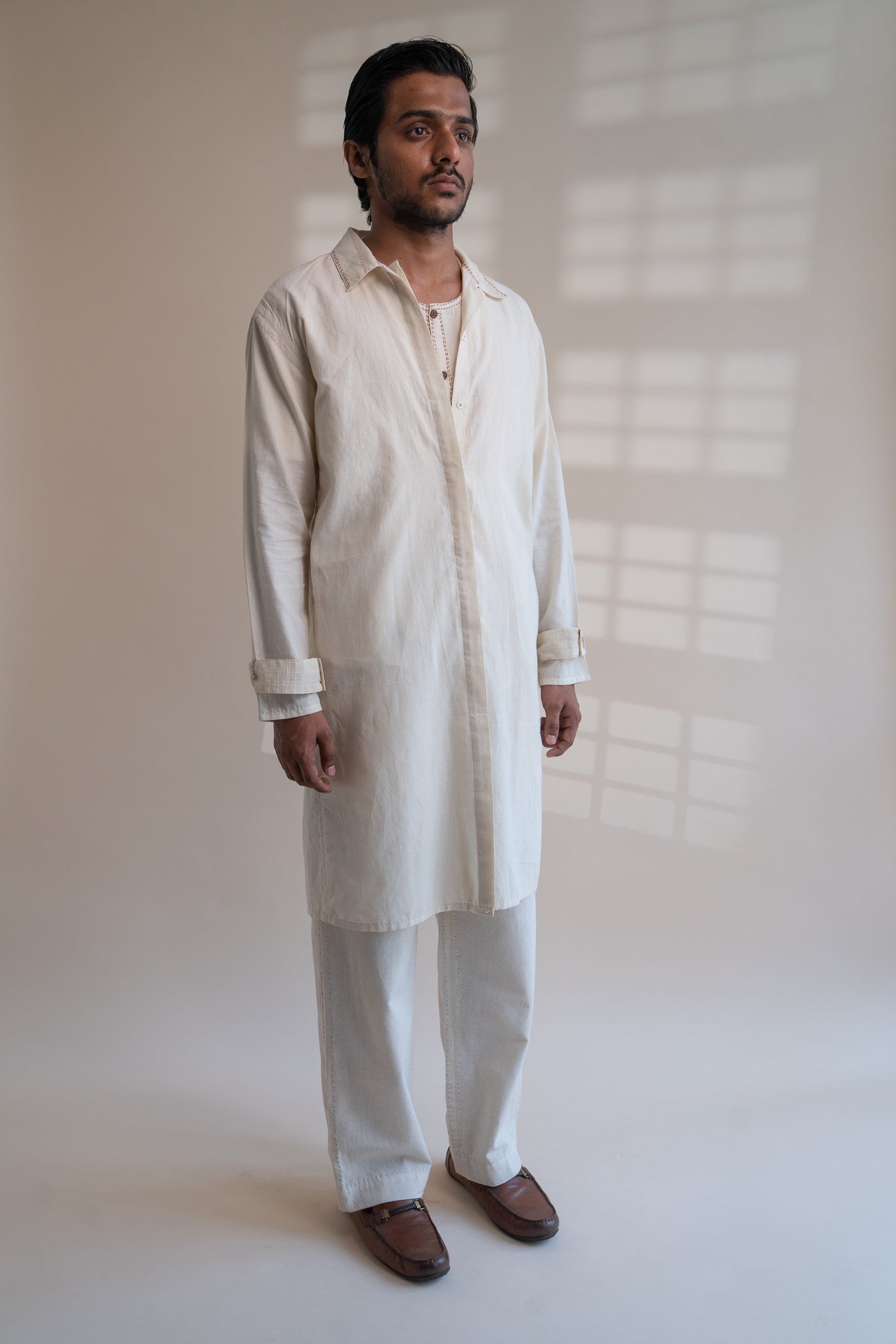 Dawning Unisex Overlay by Lafaani with Beige, Casual Wear, Dawning by Lafaani, Denim, Embroidered, For Him, Hand Woven Cotton, Kora, Mens Overlay, Menswear, Natural, Regular Fit, Trench Coats, Unisex at Kamakhyaa for sustainable fashion