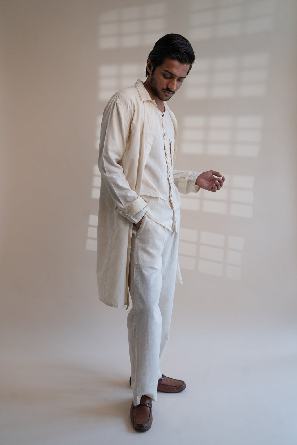 Dawning Unisex Overlay by Lafaani with Beige, Casual Wear, Dawning by Lafaani, Denim, Embroidered, For Him, Hand Woven Cotton, Kora, Mens Overlay, Menswear, Natural, Regular Fit, Trench Coats, Unisex at Kamakhyaa for sustainable fashion