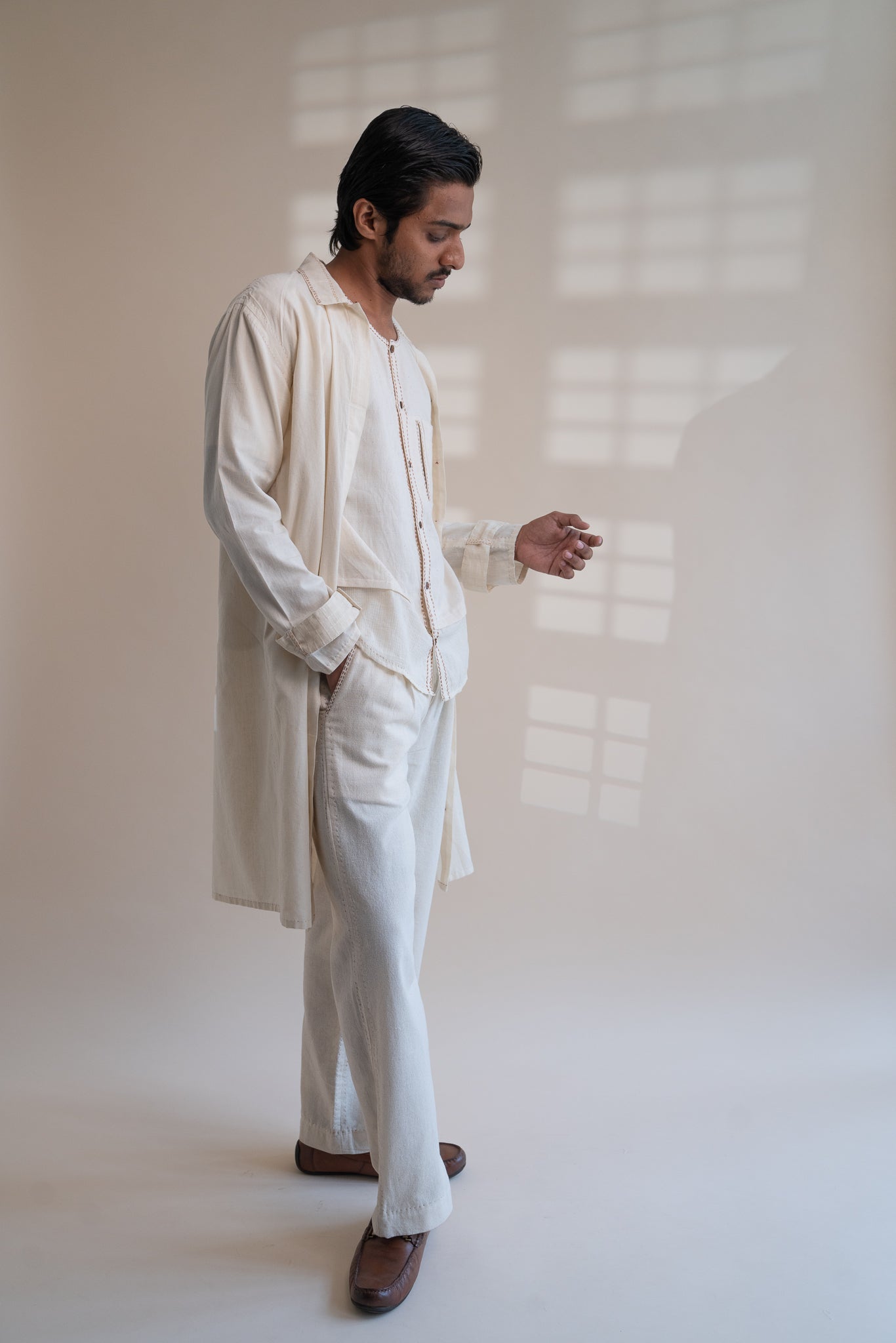 Dawning Unisex Overlay by Lafaani with Beige, Casual Wear, Dawning by Lafaani, Denim, Embroidered, For Him, Hand Woven Cotton, Kora, Mens Overlay, Menswear, Natural, Regular Fit, Trench Coats, Unisex at Kamakhyaa for sustainable fashion