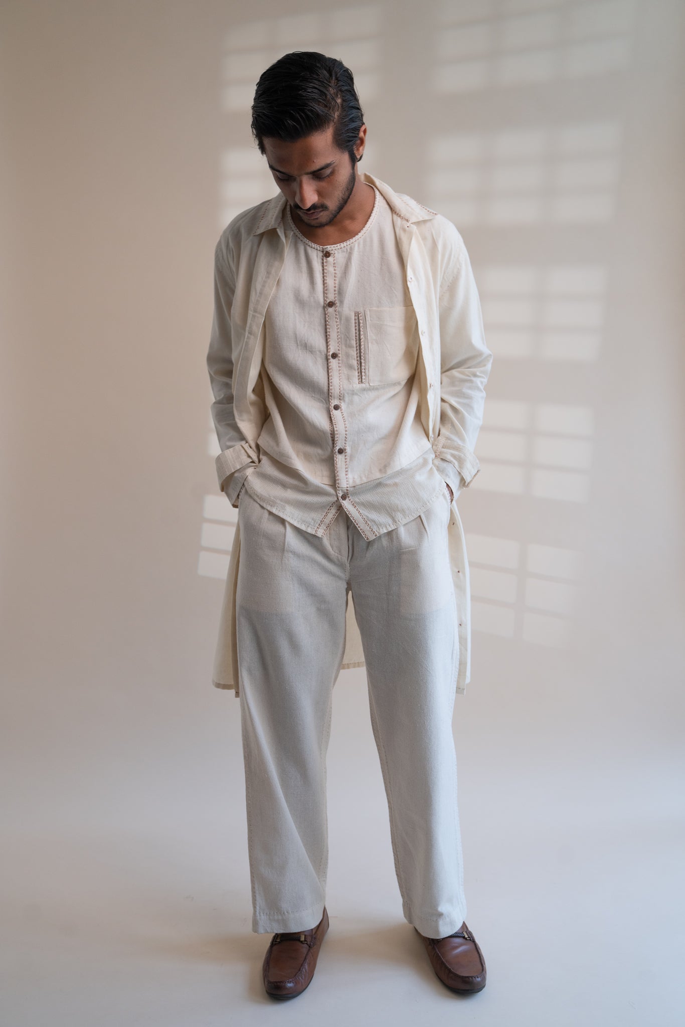Dawning Unisex Overlay by Lafaani with Beige, Casual Wear, Dawning by Lafaani, Denim, Embroidered, For Him, Hand Woven Cotton, Kora, Mens Overlay, Menswear, Natural, Regular Fit, Trench Coats, Unisex at Kamakhyaa for sustainable fashion