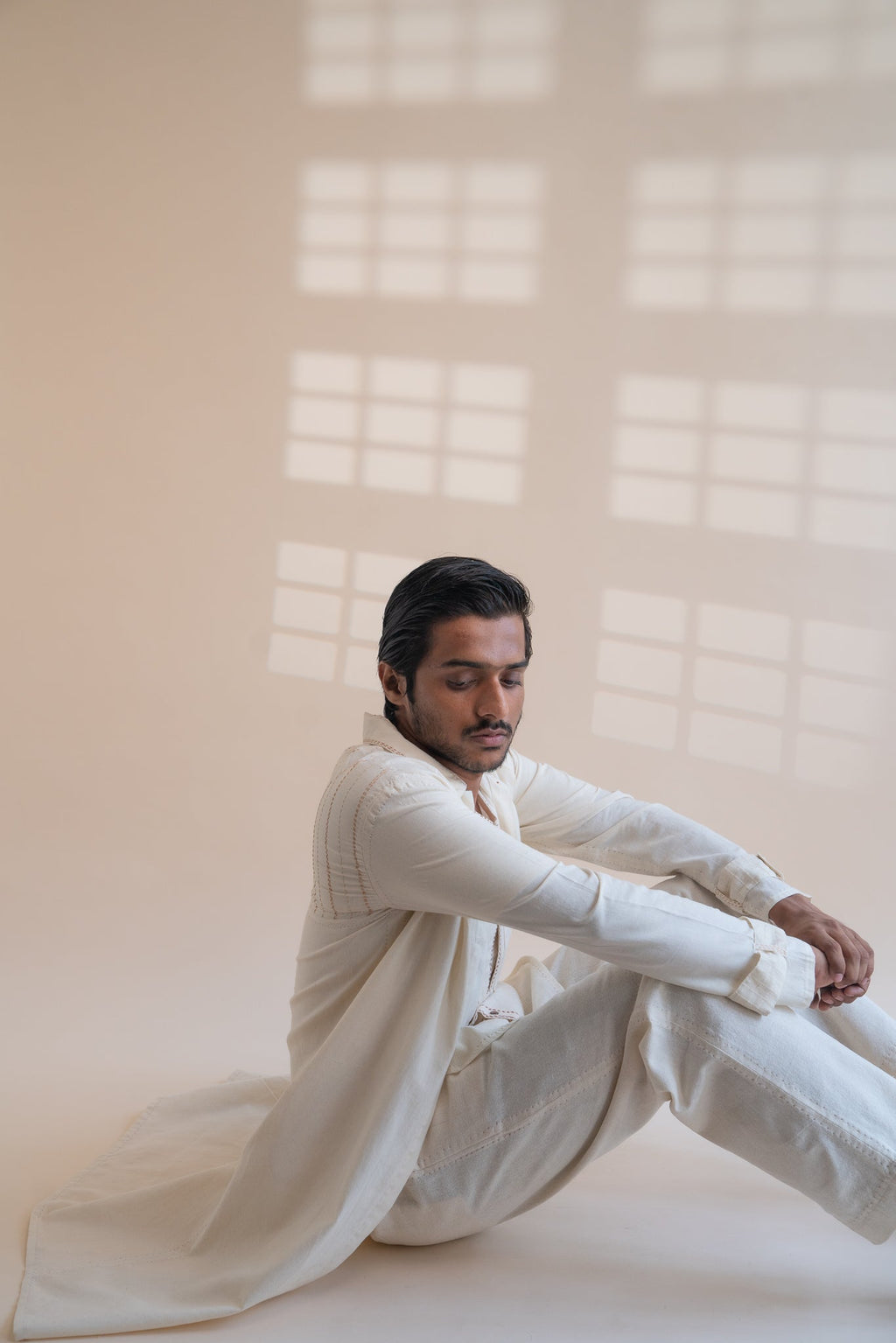 Dawning Unisex Overlay by Lafaani with Beige, Casual Wear, Dawning by Lafaani, Denim, Embroidered, For Him, Hand Woven Cotton, Kora, Mens Overlay, Menswear, Natural, Regular Fit, Trench Coats, Unisex at Kamakhyaa for sustainable fashion