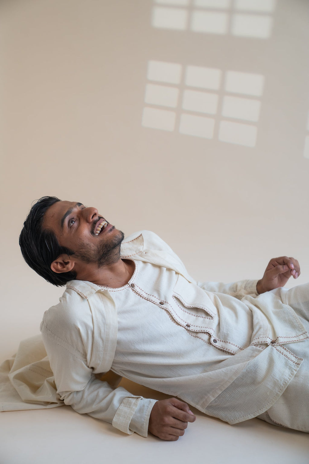 Dawning Unisex Overlay by Lafaani with Beige, Casual Wear, Dawning by Lafaani, Denim, Embroidered, For Him, Hand Woven Cotton, Kora, Mens Overlay, Menswear, Natural, Regular Fit, Trench Coats, Unisex at Kamakhyaa for sustainable fashion