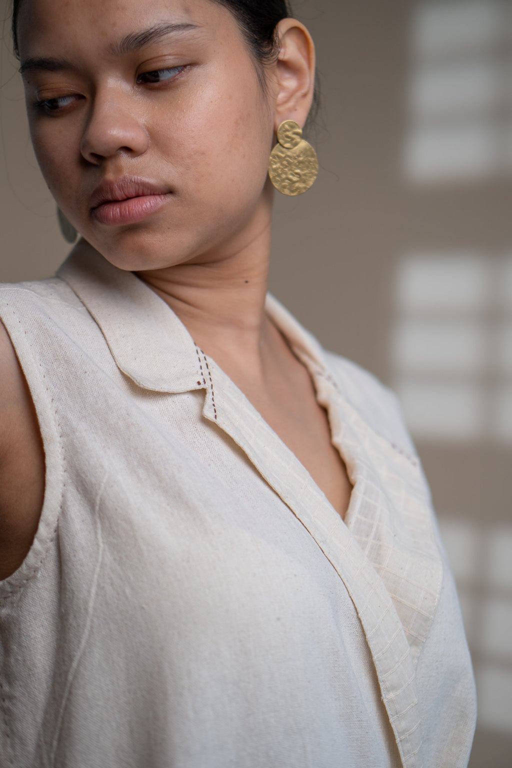 Dawning Tie Up Dress by Lafaani with Beige, Casual Wear, Dawning by Lafaani, Denim, Embroidered, Hand Woven Cotton, Kora, Natural, Regular Fit, Womenswear, Wrap Dresses at Kamakhyaa for sustainable fashion