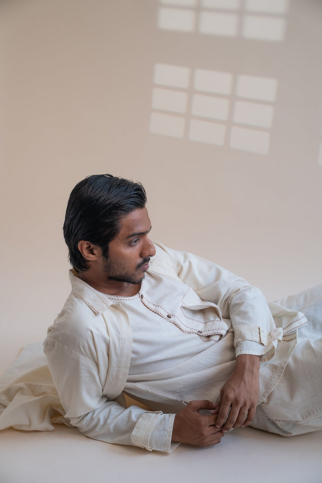 Dawning Unisex Overlay by Lafaani with Beige, Casual Wear, Dawning by Lafaani, Denim, Embroidered, For Him, Hand Woven Cotton, Kora, Mens Overlay, Menswear, Natural, Regular Fit, Trench Coats, Unisex at Kamakhyaa for sustainable fashion