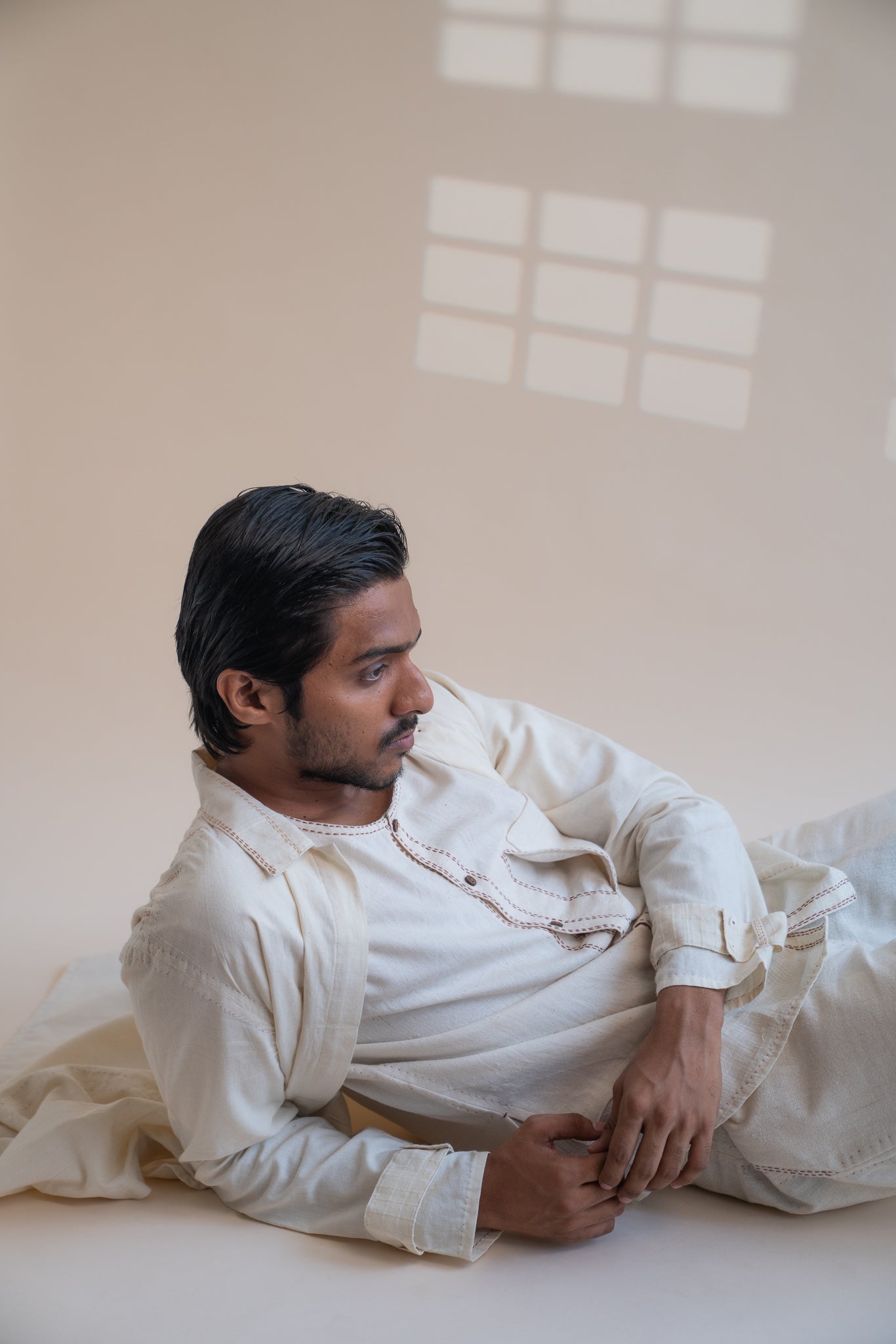 Dawning Unisex Overlay by Lafaani with Beige, Casual Wear, Dawning by Lafaani, Denim, Embroidered, For Him, Hand Woven Cotton, Kora, Mens Overlay, Menswear, Natural, Regular Fit, Trench Coats, Unisex at Kamakhyaa for sustainable fashion