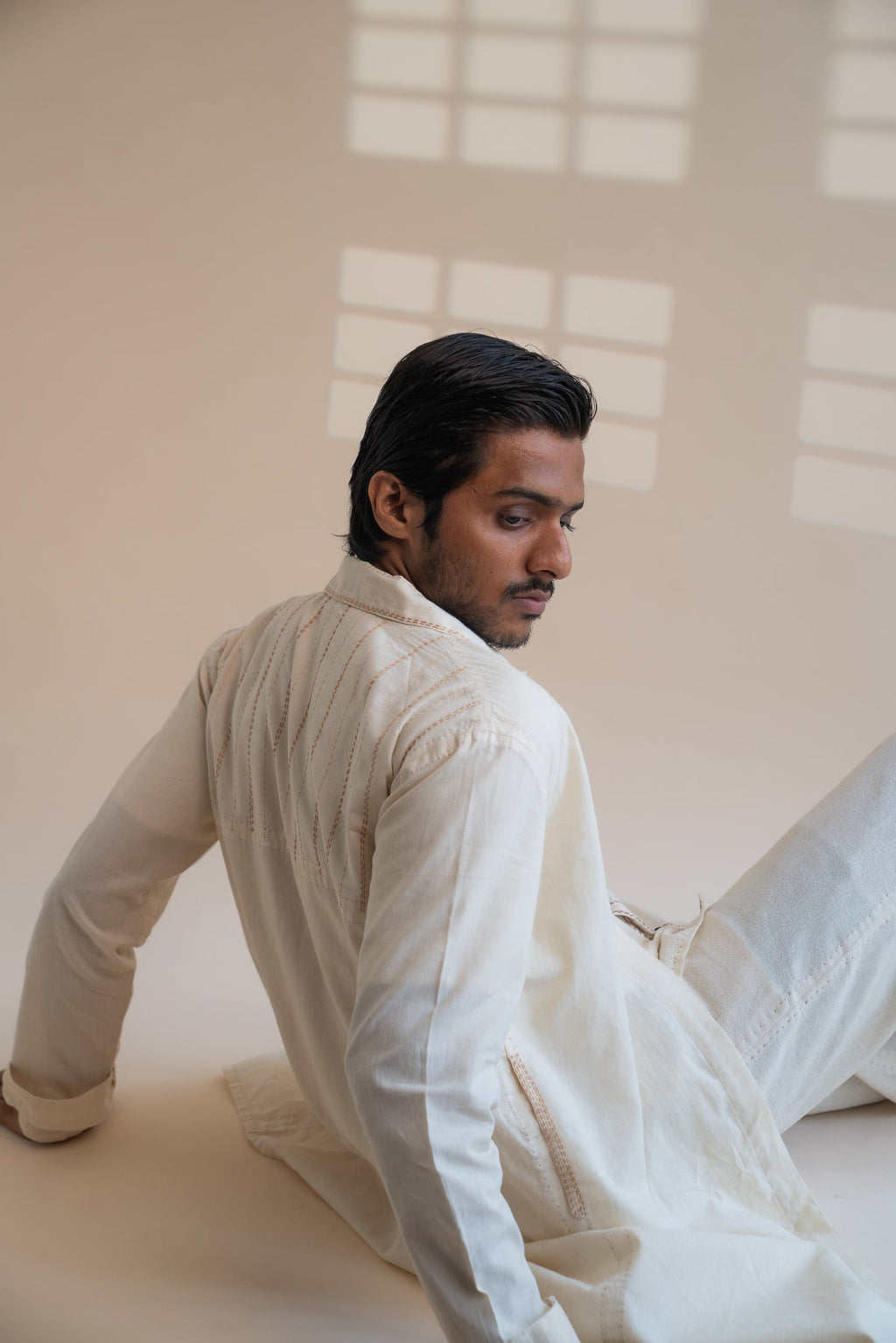 Dawning Unisex Overlay by Lafaani with Beige, Casual Wear, Dawning by Lafaani, Denim, Embroidered, For Him, Hand Woven Cotton, Kora, Mens Overlay, Menswear, Natural, Regular Fit, Trench Coats, Unisex at Kamakhyaa for sustainable fashion