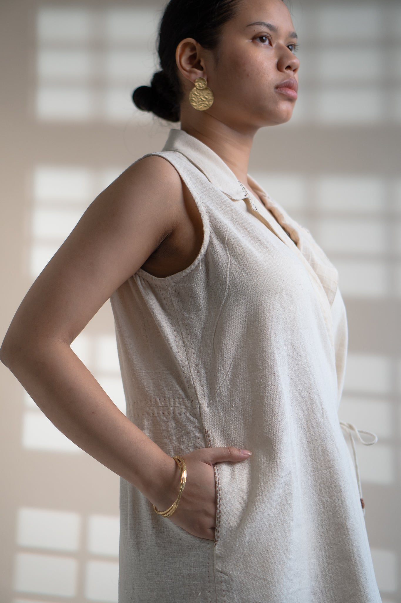 Dawning Tie Up Dress by Lafaani with Beige, Casual Wear, Dawning by Lafaani, Denim, Embroidered, Hand Woven Cotton, Kora, Natural, Regular Fit, Womenswear, Wrap Dresses at Kamakhyaa for sustainable fashion