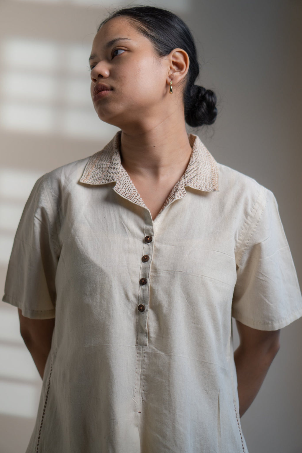 Dawning A Line Dress by Lafaani with Beige, Casual Wear, Dawning by Lafaani, Denim, Kora, Midi Dresses, Natural, Regular Fit, Shirt Dresses, Solids, Womenswear at Kamakhyaa for sustainable fashion