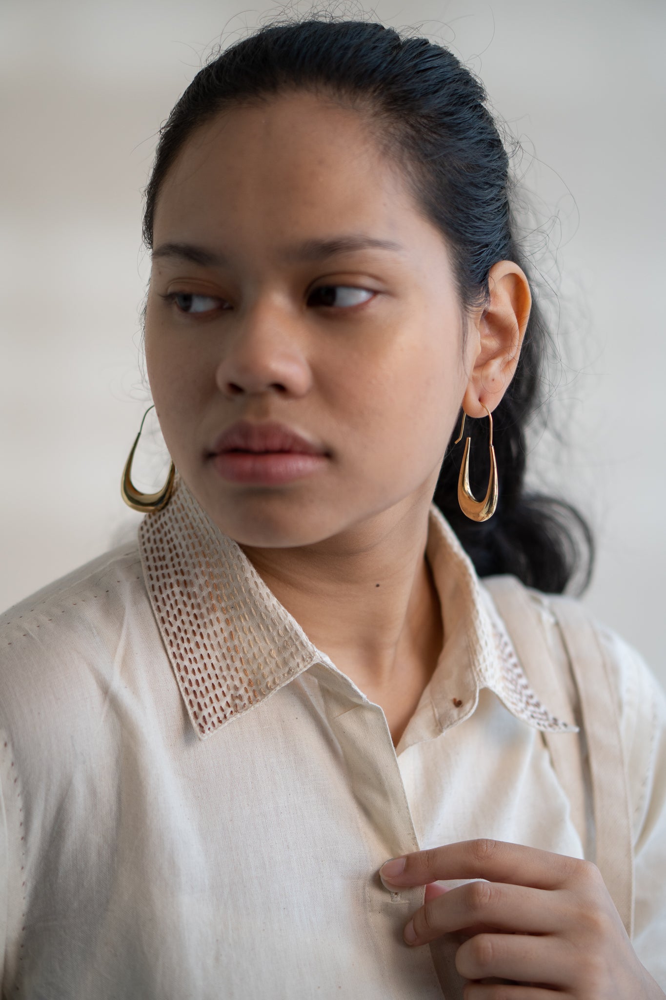 Dawning Button Down Dress by Lafaani with Beige, Casual Wear, Dawning by Lafaani, Denim, Embroidered, Hand Woven Cotton, Kora, Natural, Regular Fit, Shirt Dresses, Shirts, Womenswear at Kamakhyaa for sustainable fashion