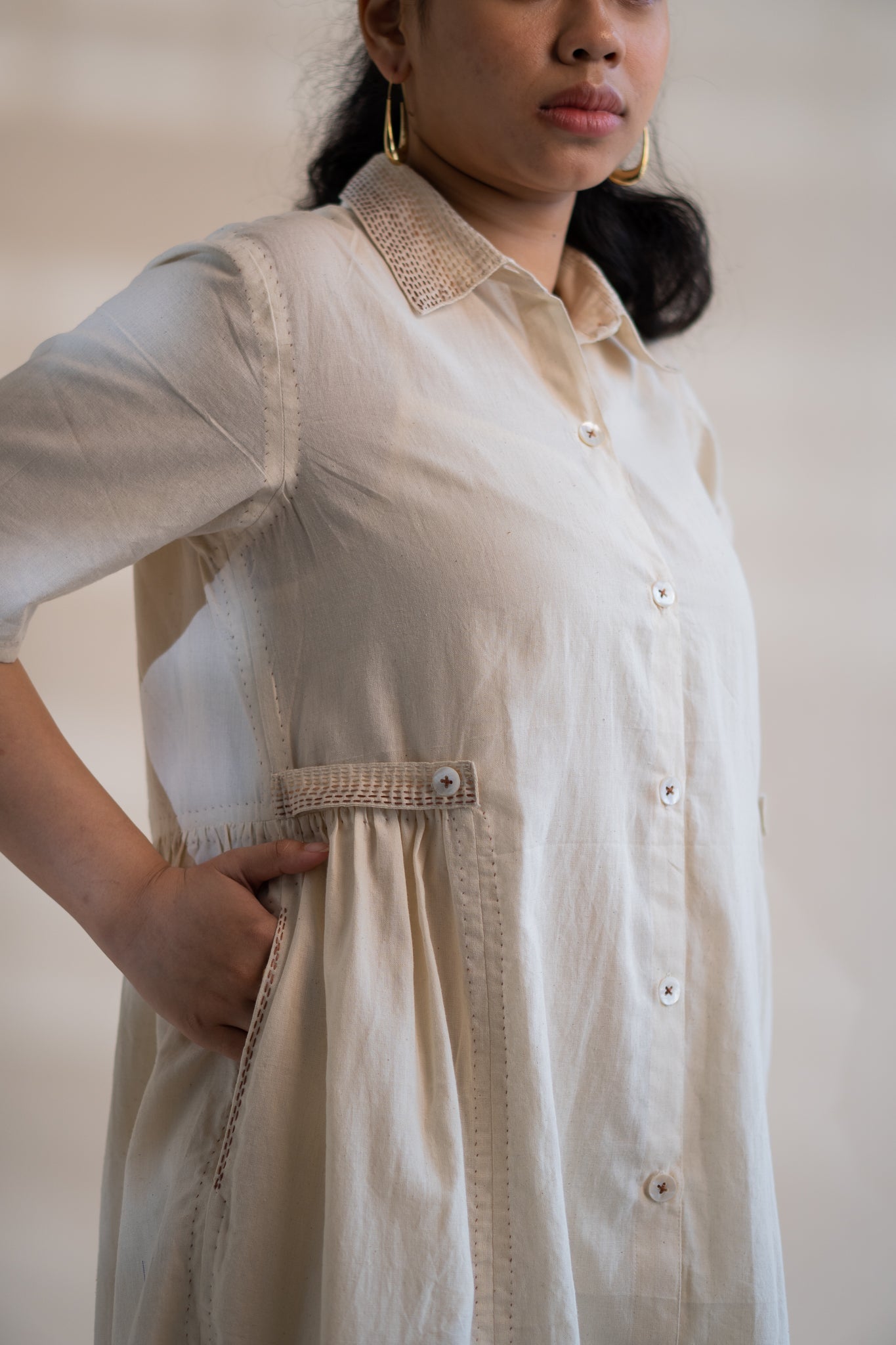 Dawning Button Down Dress by Lafaani with Beige, Casual Wear, Dawning by Lafaani, Denim, Embroidered, Hand Woven Cotton, Kora, Natural, Regular Fit, Shirt Dresses, Shirts, Womenswear at Kamakhyaa for sustainable fashion