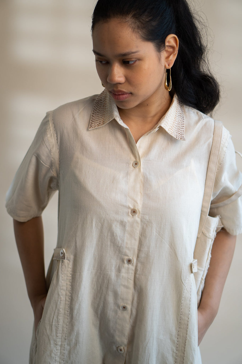 Dawning Button Down Dress by Lafaani with Beige, Casual Wear, Dawning by Lafaani, Denim, Embroidered, Hand Woven Cotton, Kora, Natural, Regular Fit, Shirt Dresses, Shirts, Womenswear at Kamakhyaa for sustainable fashion