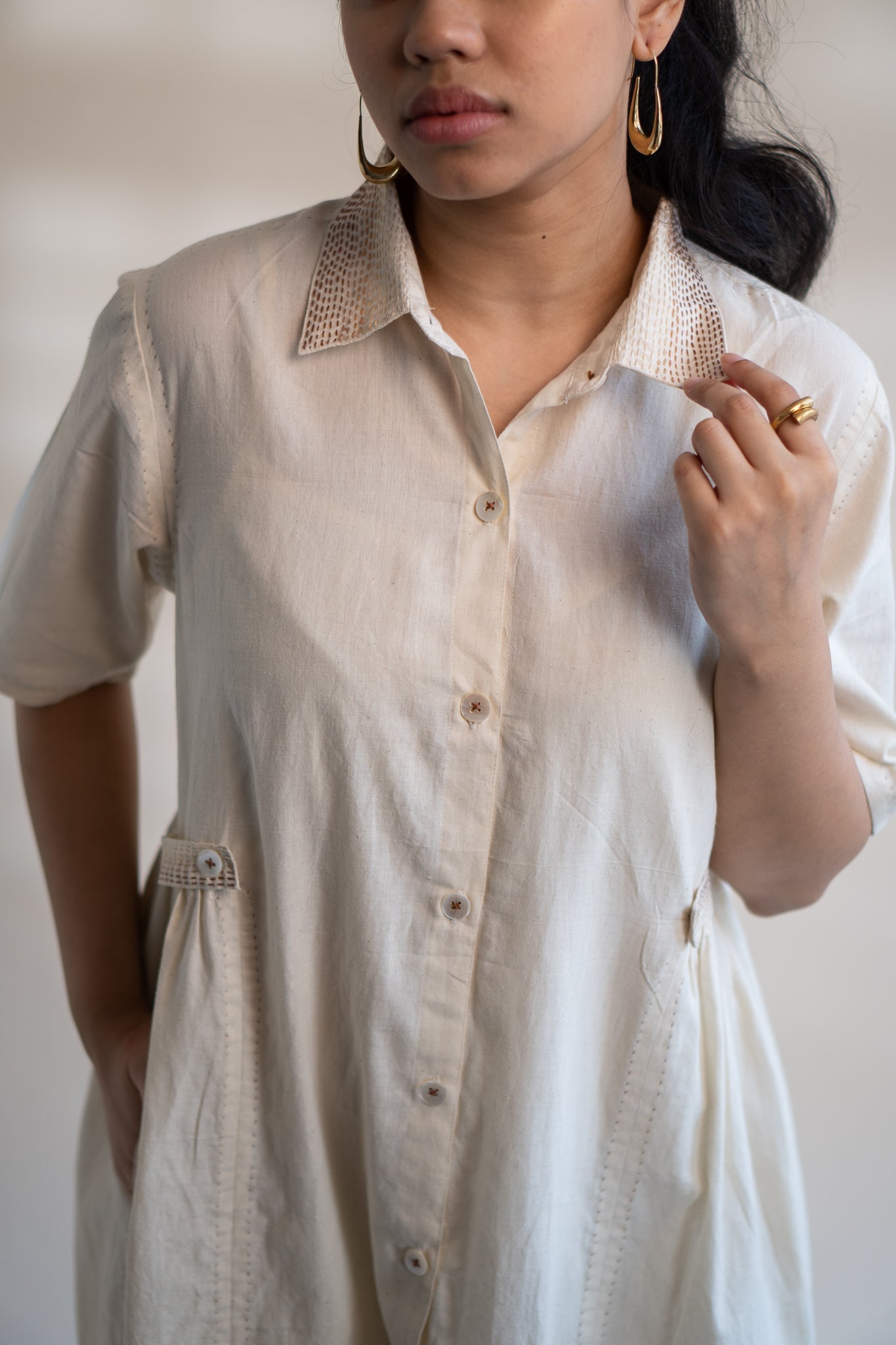 Dawning Button Down Dress by Lafaani with Beige, Casual Wear, Dawning by Lafaani, Denim, Embroidered, Hand Woven Cotton, Kora, Natural, Regular Fit, Shirt Dresses, Shirts, Womenswear at Kamakhyaa for sustainable fashion