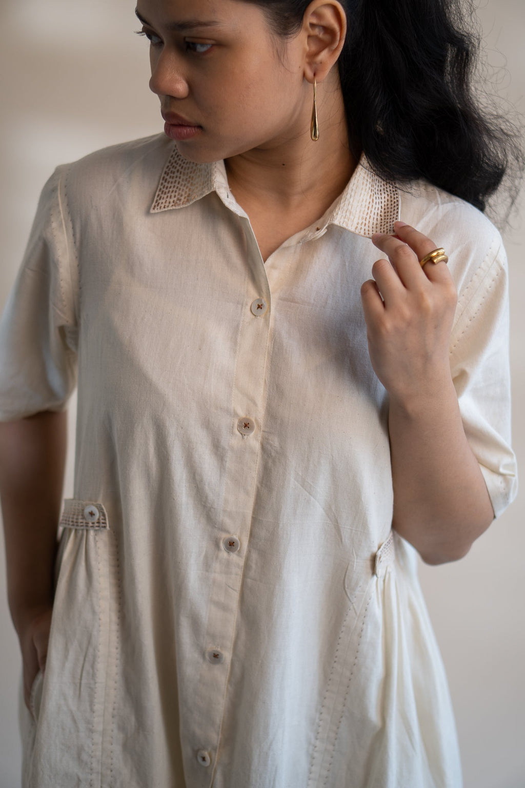 Dawning Button Down Dress by Lafaani with Beige, Casual Wear, Dawning by Lafaani, Denim, Embroidered, Hand Woven Cotton, Kora, Natural, Regular Fit, Shirt Dresses, Shirts, Womenswear at Kamakhyaa for sustainable fashion