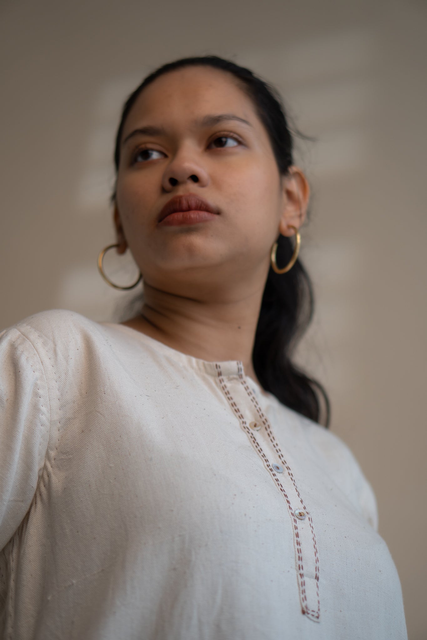 Dawning Long Shirt by Lafaani with Beige, Casual Wear, Dawning by Lafaani, Denim, Embroidered, Hand Woven Cotton, Kora, Natural, Regular Fit, Shirt Dresses, Shirts, Womenswear at Kamakhyaa for sustainable fashion