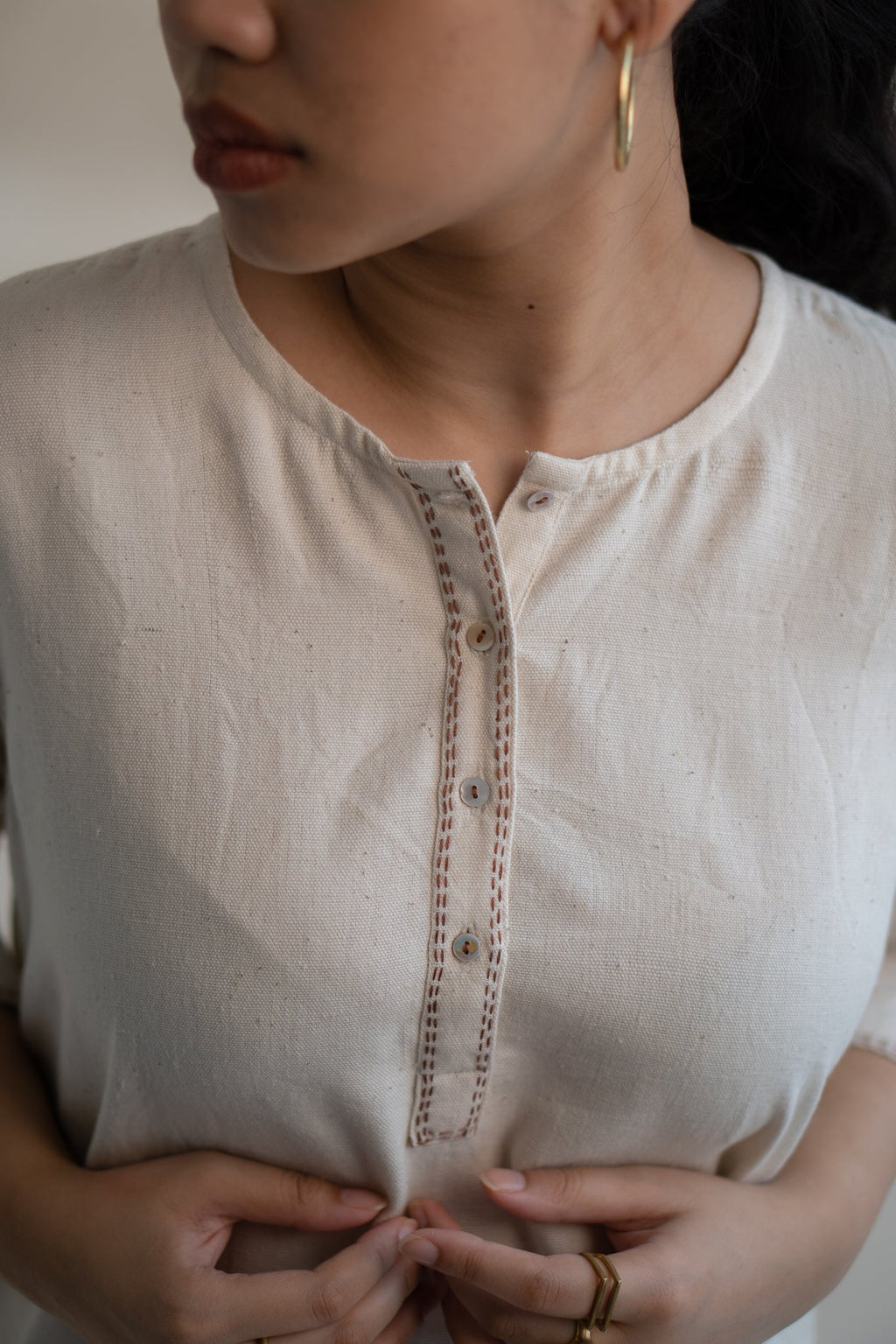 Dawning Long Shirt by Lafaani with Beige, Casual Wear, Dawning by Lafaani, Denim, Embroidered, Hand Woven Cotton, Kora, Natural, Regular Fit, Shirt Dresses, Shirts, Womenswear at Kamakhyaa for sustainable fashion