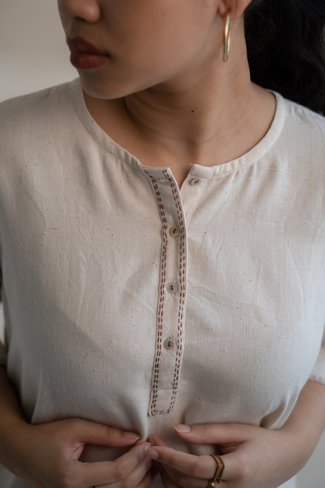 Dawning Long Shirt by Lafaani with Beige, Casual Wear, Dawning by Lafaani, Denim, Embroidered, Hand Woven Cotton, Kora, Natural, Regular Fit, Shirt Dresses, Shirts, Womenswear at Kamakhyaa for sustainable fashion
