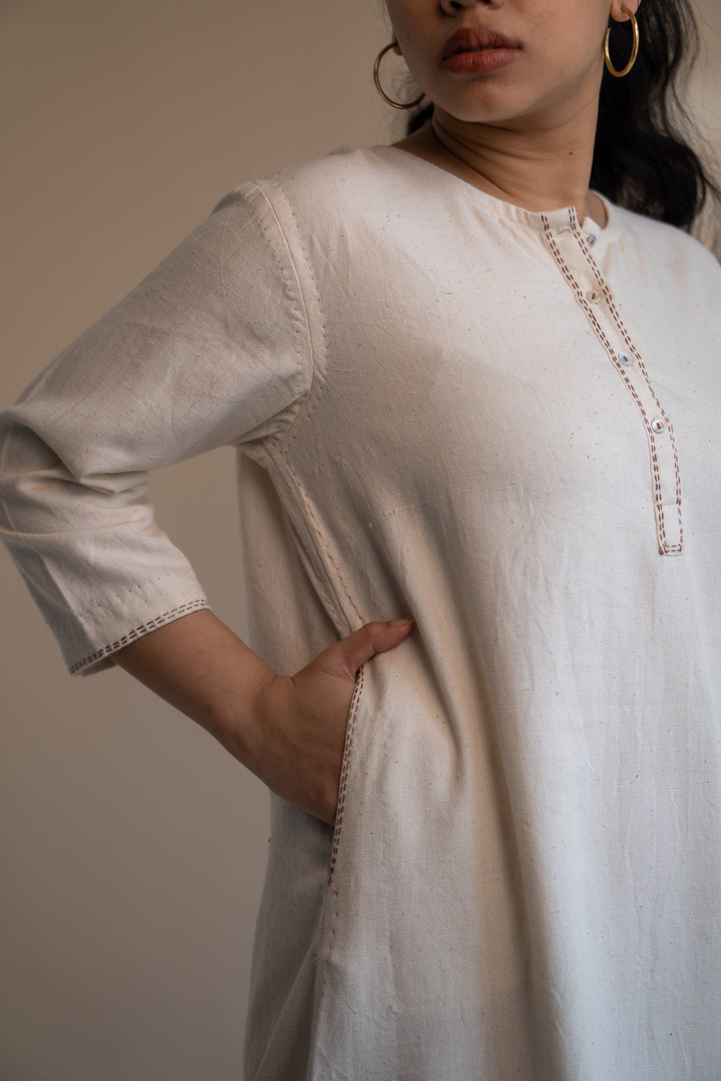 Dawning Long Shirt by Lafaani with Beige, Casual Wear, Dawning by Lafaani, Denim, Embroidered, Hand Woven Cotton, Kora, Natural, Regular Fit, Shirt Dresses, Shirts, Womenswear at Kamakhyaa for sustainable fashion