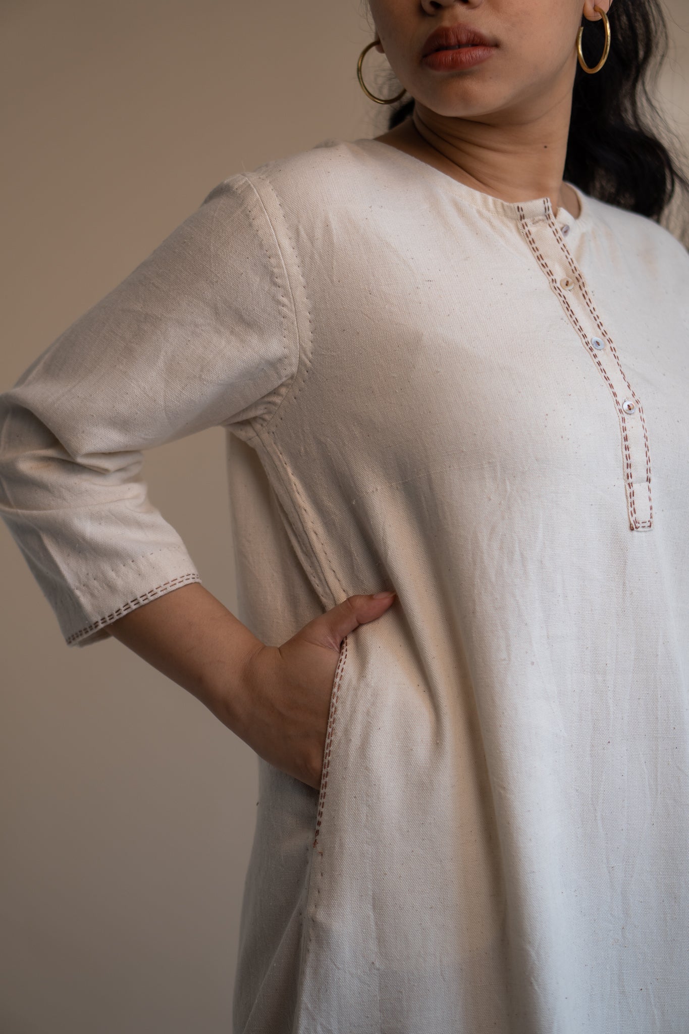 Dawning Long Shirt by Lafaani with Beige, Casual Wear, Dawning by Lafaani, Denim, Embroidered, Hand Woven Cotton, Kora, Natural, Regular Fit, Shirt Dresses, Shirts, Womenswear at Kamakhyaa for sustainable fashion