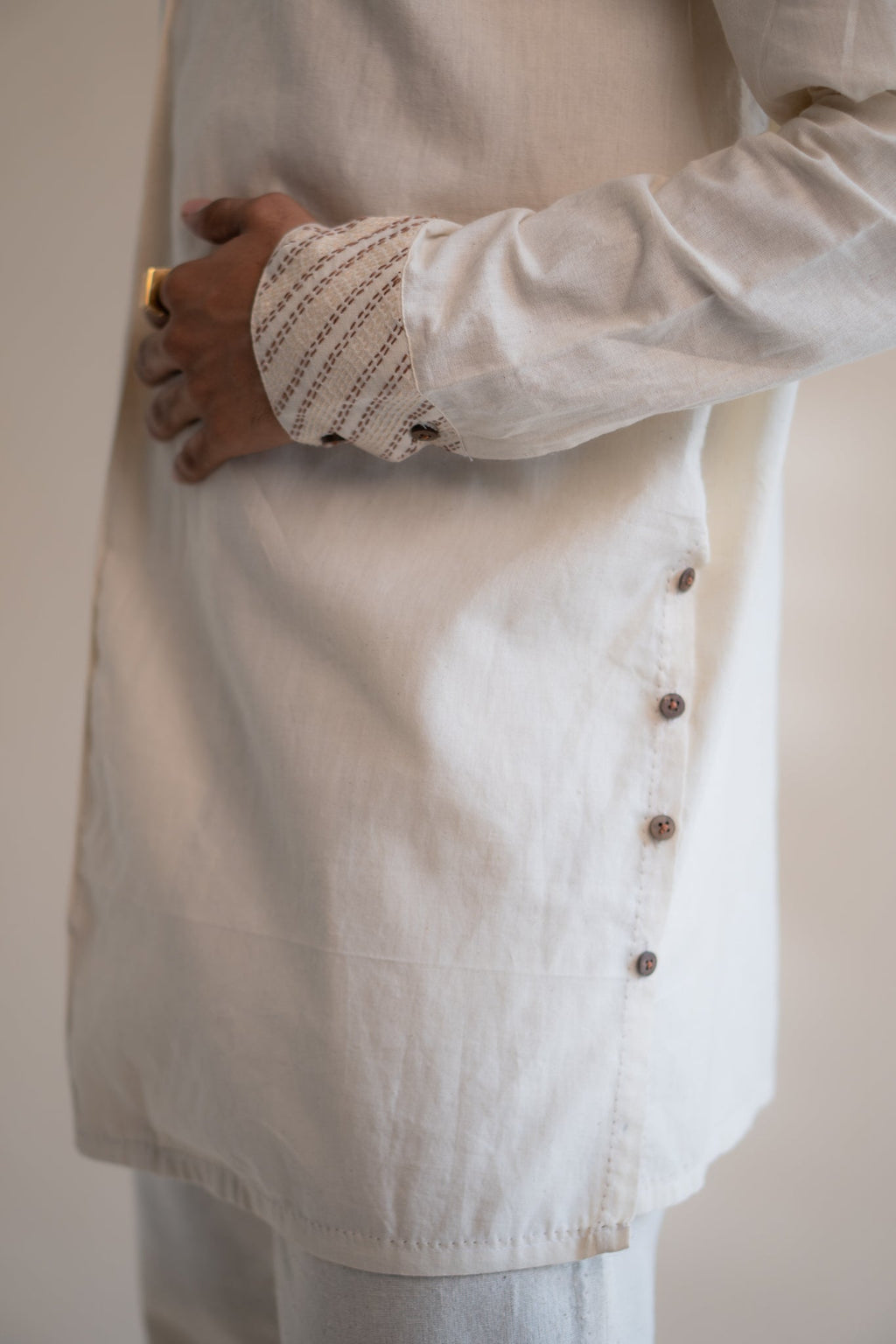 Dawning Angrakha Long Shirt by Lafaani with Beige, Casual Wear, Dawning by Lafaani, Denim, Embroidered, For Father, For Him, Hand Woven Cotton, Kora, Menswear, Natural, Regular Fit, Shirts, Tops at Kamakhyaa for sustainable fashion