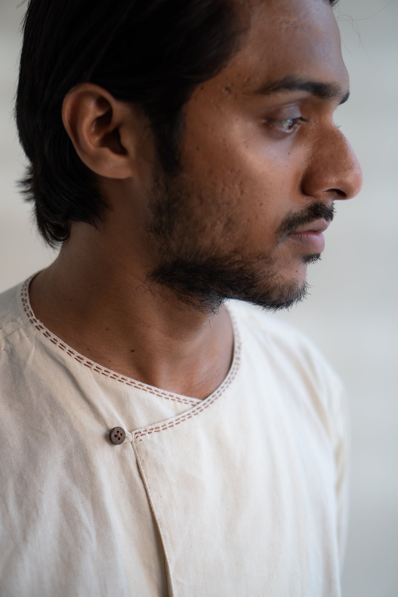 Dawning Angrakha Long Shirt by Lafaani with Beige, Casual Wear, Dawning by Lafaani, Denim, Embroidered, For Father, For Him, Hand Woven Cotton, Kora, Menswear, Natural, Regular Fit, Shirts, Tops at Kamakhyaa for sustainable fashion