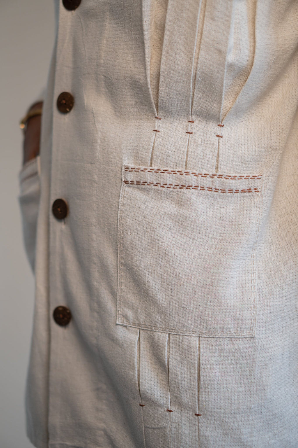 Dawning Unisex Pleated Blazer by Lafaani with Beige, Blazers, Casual Wear, Dawning by Lafaani, Denim, Embroidered, For Him, Hand Woven Cotton, Kora, Mens Overlay, Menswear, Natural, Regular Fit, Unisex at Kamakhyaa for sustainable fashion