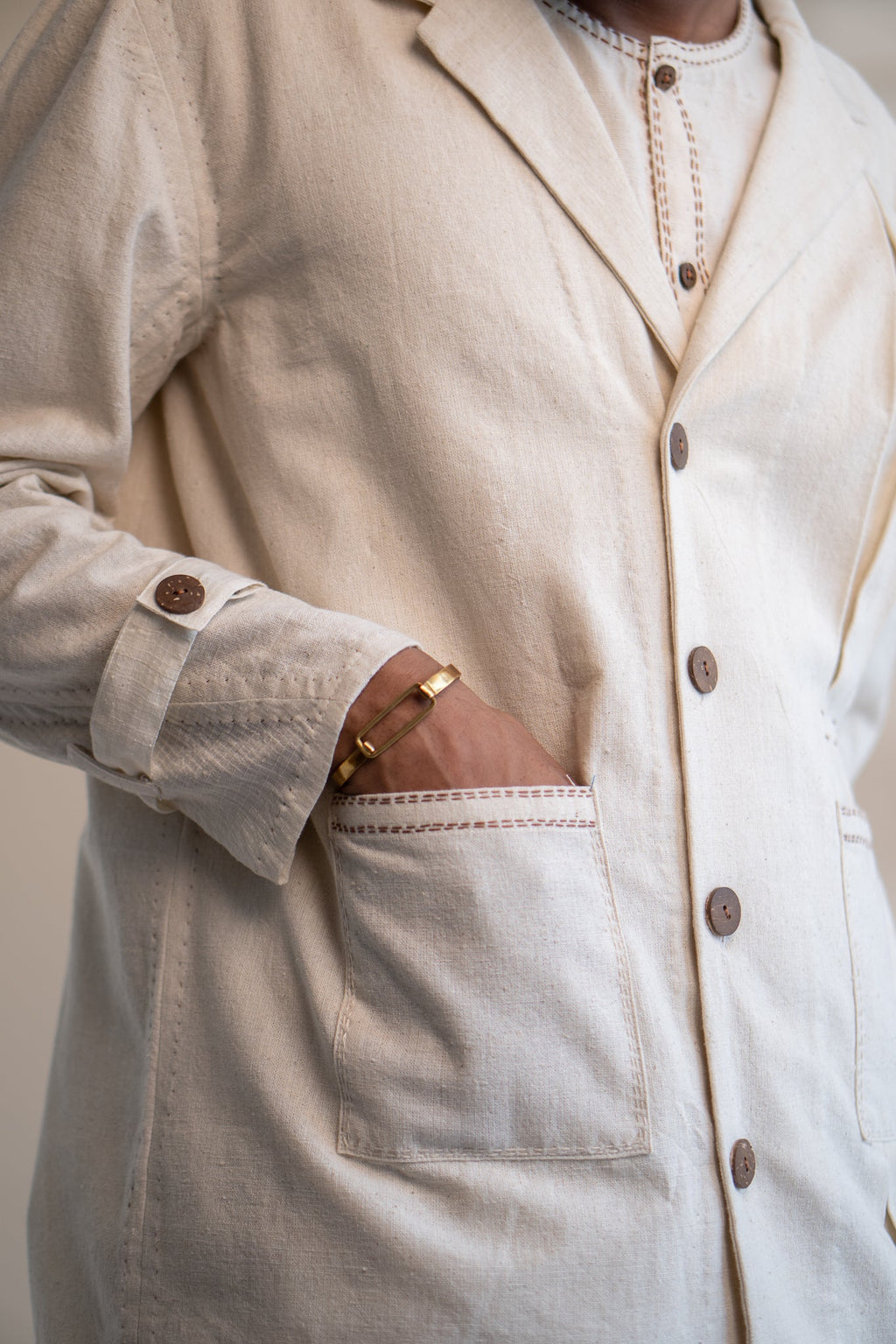 Dawning Unisex Pleated Blazer by Lafaani with Beige, Blazers, Casual Wear, Dawning by Lafaani, Denim, Embroidered, For Him, Hand Woven Cotton, Kora, Mens Overlay, Menswear, Natural, Regular Fit, Unisex at Kamakhyaa for sustainable fashion