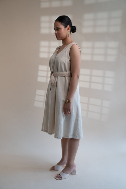 Dawning Trench Dress by Lafaani with Beige, Casual Wear, Dawning by Lafaani, Denim, Embroidered, Hand Woven Cotton, Kora, Midi Dresses, Natural, Regular Fit, Sleeveless Dresses, Womenswear at Kamakhyaa for sustainable fashion