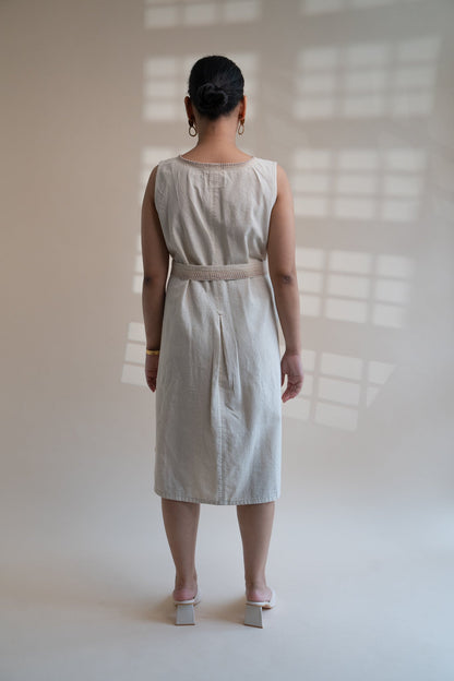 Dawning Trench Dress by Lafaani with Beige, Casual Wear, Dawning by Lafaani, Denim, Embroidered, Hand Woven Cotton, Kora, Midi Dresses, Natural, Regular Fit, Sleeveless Dresses, Womenswear at Kamakhyaa for sustainable fashion