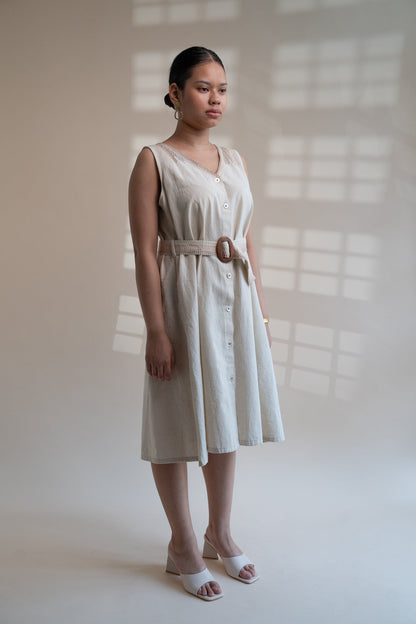 Dawning Trench Dress by Lafaani with Beige, Casual Wear, Dawning by Lafaani, Denim, Embroidered, Hand Woven Cotton, Kora, Midi Dresses, Natural, Regular Fit, Sleeveless Dresses, Womenswear at Kamakhyaa for sustainable fashion