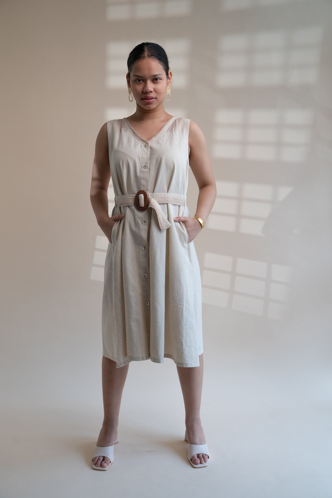 Dawning Trench Dress with Cropped Jacket by Lafaani with Beige, Casual Wear, Co-ord Sets, Dawning by Lafaani, Denim, Embroidered, Hand Woven Cotton, Kora, Natural, Regular Fit, Vacation, Vacation Co-ords, Womenswear at Kamakhyaa for sustainable fashion