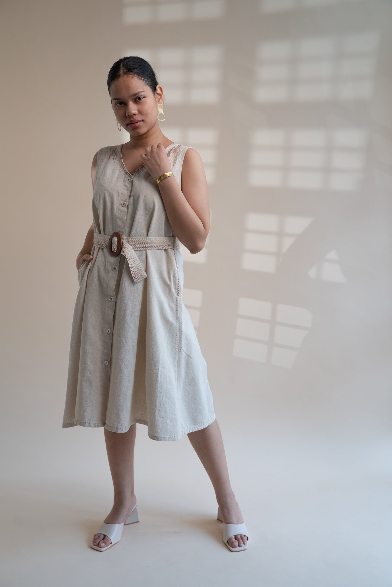Dawning Trench Dress by Lafaani with Beige, Casual Wear, Dawning by Lafaani, Denim, Embroidered, Hand Woven Cotton, Kora, Midi Dresses, Natural, Regular Fit, Sleeveless Dresses, Womenswear at Kamakhyaa for sustainable fashion