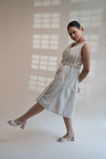 Dawning Trench Dress by Lafaani with Beige, Casual Wear, Dawning by Lafaani, Denim, Embroidered, Hand Woven Cotton, Kora, Midi Dresses, Natural, Regular Fit, Sleeveless Dresses, Womenswear at Kamakhyaa for sustainable fashion