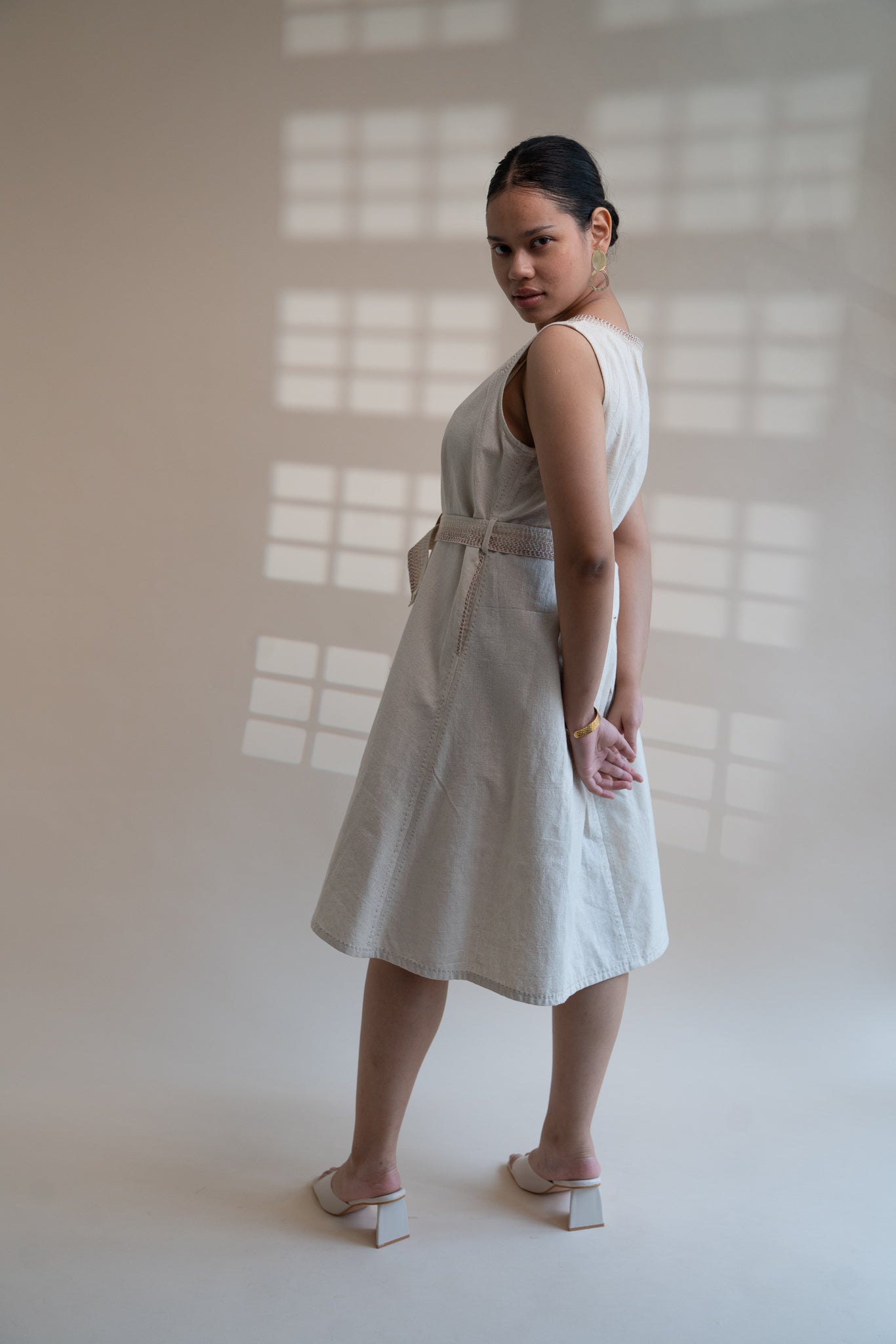 Dawning Trench Dress by Lafaani with Beige, Casual Wear, Dawning by Lafaani, Denim, Embroidered, Hand Woven Cotton, Kora, Midi Dresses, Natural, Regular Fit, Sleeveless Dresses, Womenswear at Kamakhyaa for sustainable fashion