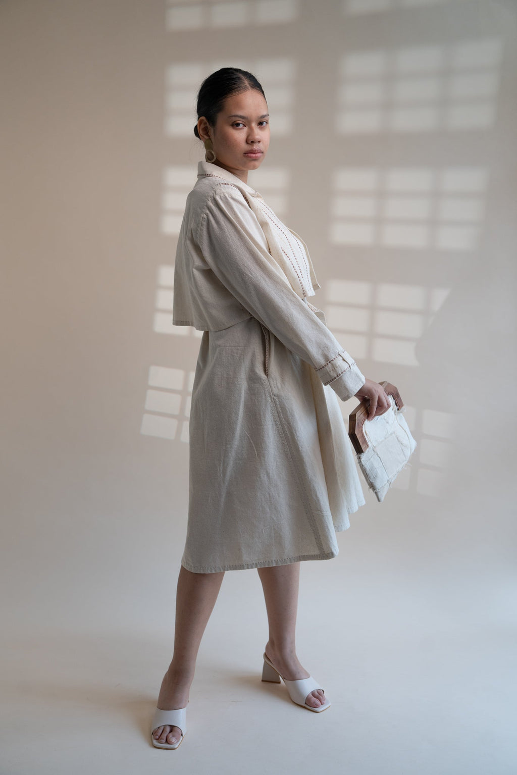 Dawning Trench Dress with Cropped Jacket by Lafaani with Beige, Casual Wear, Co-ord Sets, Dawning by Lafaani, Denim, Embroidered, Hand Woven Cotton, Kora, Natural, Regular Fit, Vacation, Vacation Co-ords, Womenswear at Kamakhyaa for sustainable fashion